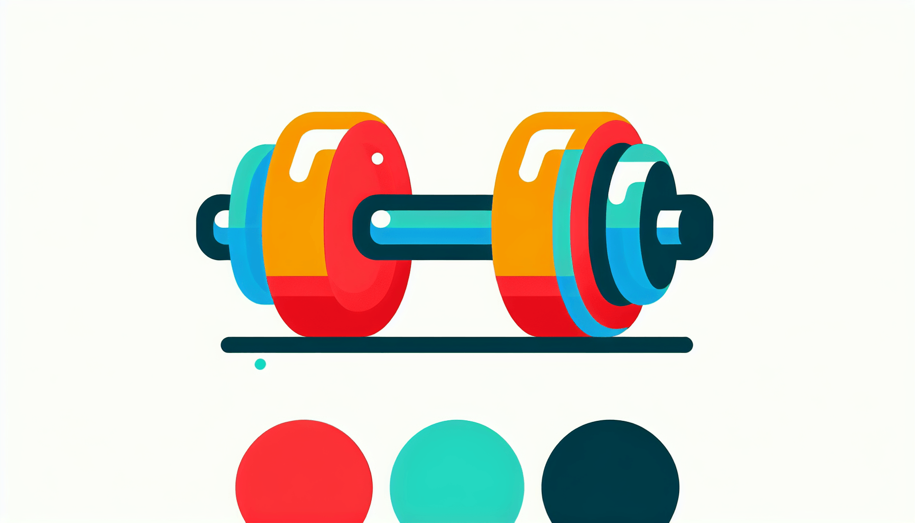 Dumbbell in flat illustration style and white background, red #f47574, green #88c7a8, yellow #fcc44b, and blue #645bc8 colors.
