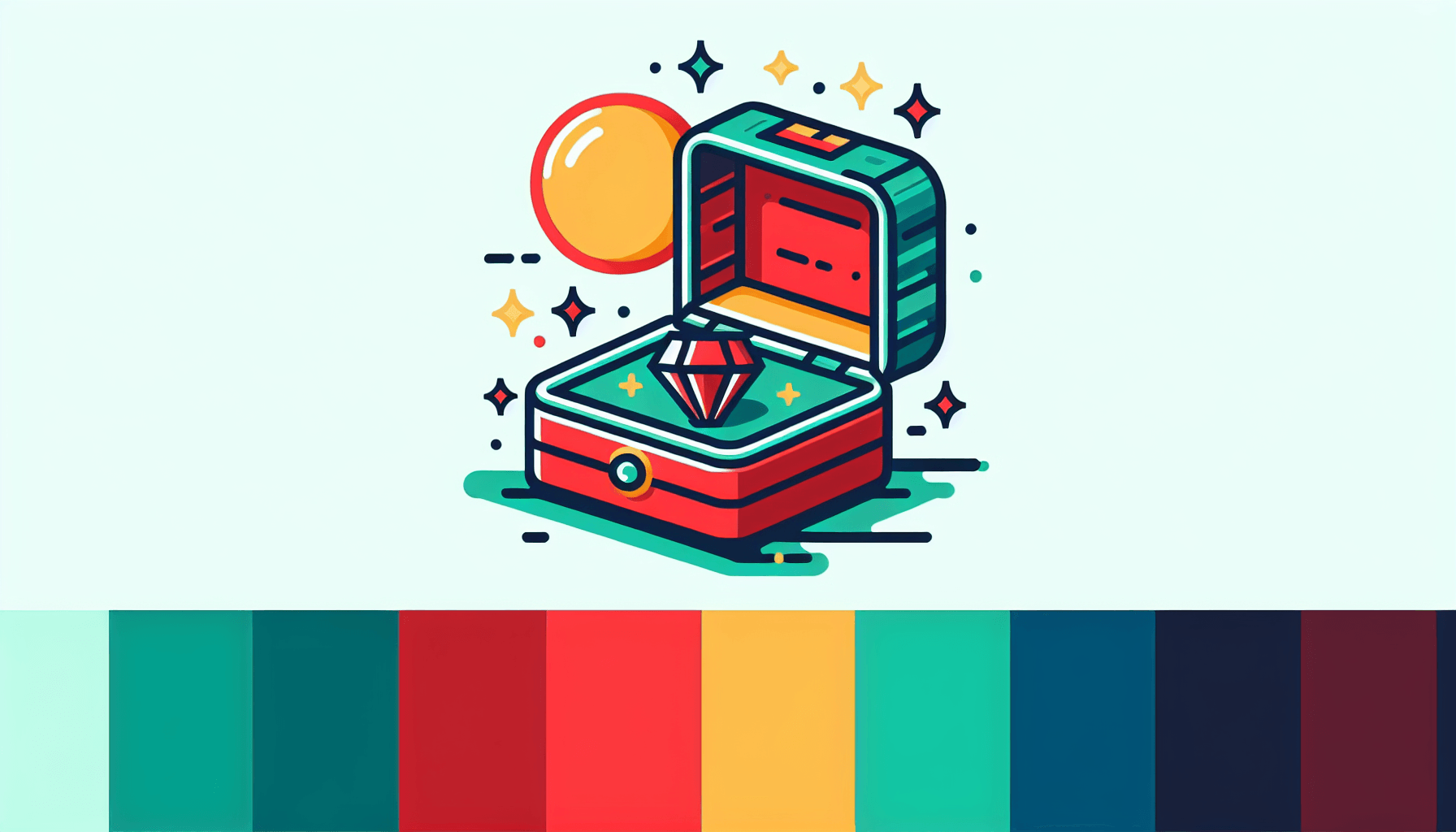 Jewelry box in flat illustration style and white background, red #f47574, green #88c7a8, yellow #fcc44b, and blue #645bc8 colors.