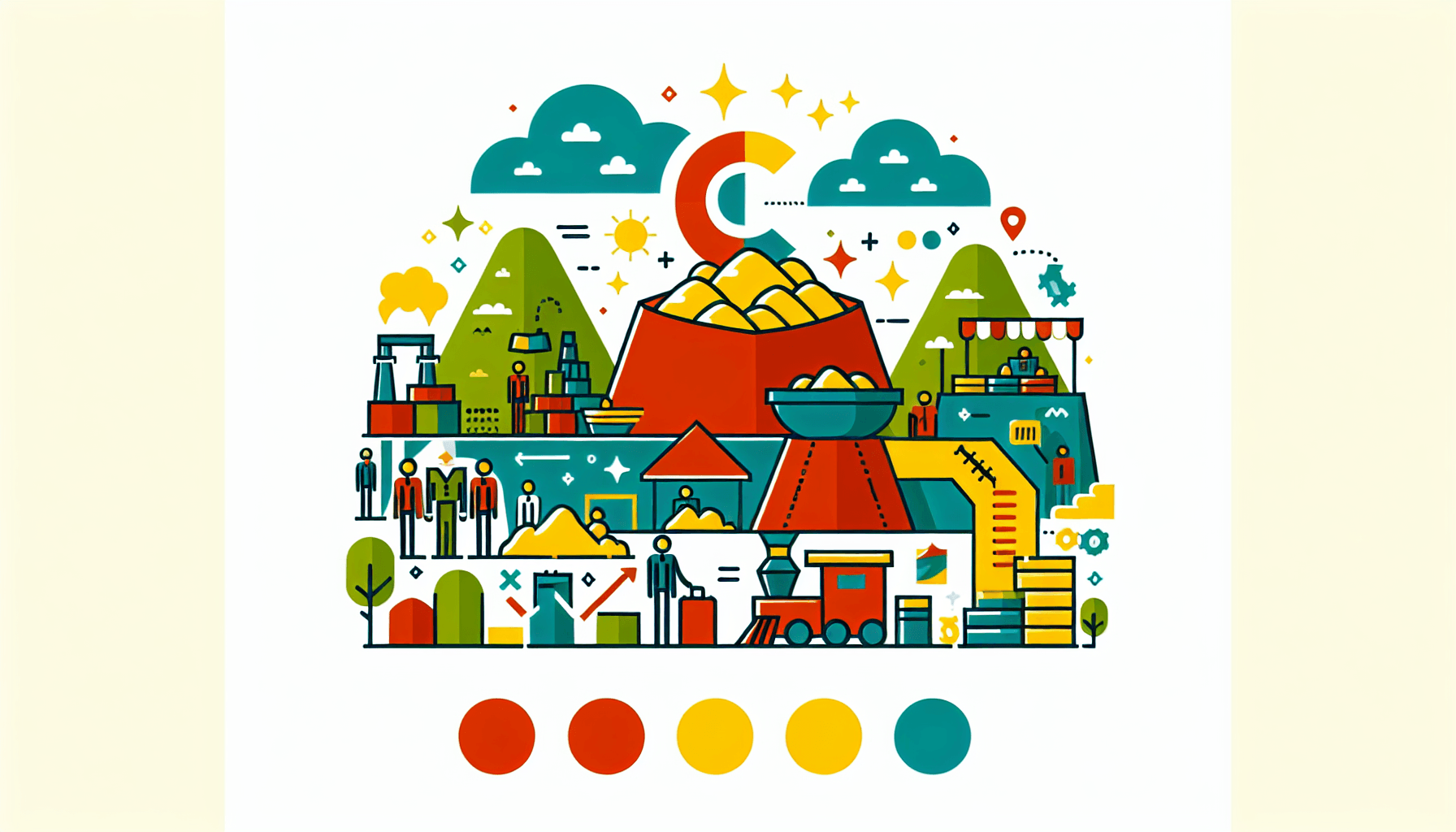 Successful small businesses -> Gold mine in flat illustration style and white background, red #f47574, green #88c7a8, yellow #fcc44b, and blue #645bc8 colors.