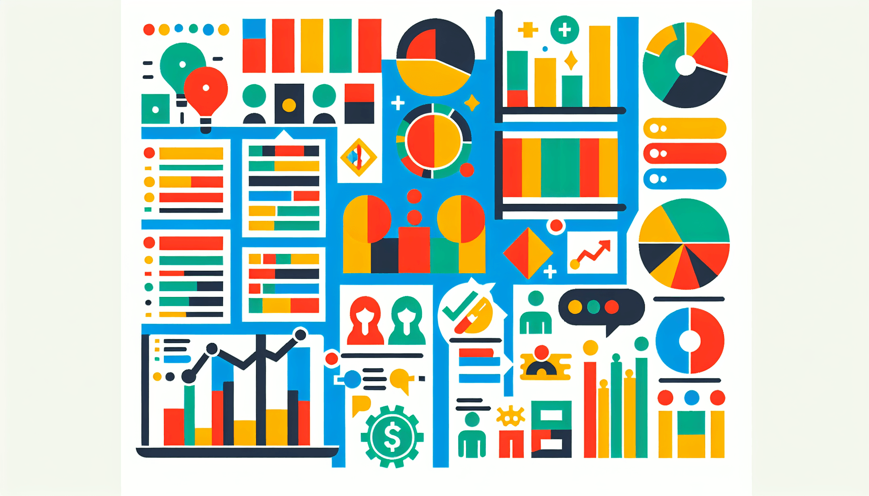 Business plan in flat illustration style and white background, red #f47574, green #88c7a8, yellow #fcc44b, and blue #645bc8 colors.