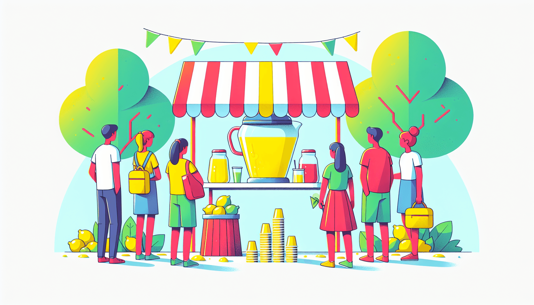 Cheapest business to start -> Lemonade stand in flat illustration style and white background, red #f47574, green #88c7a8, yellow #fcc44b, and blue #645bc8 colors.