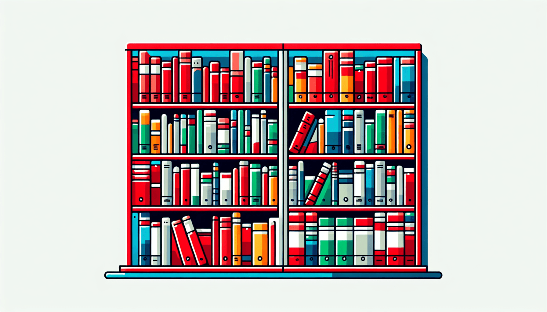 Bookshelf in flat illustration style and white background, red #f47574, green #88c7a8, yellow #fcc44b, and blue #645bc8 colors.