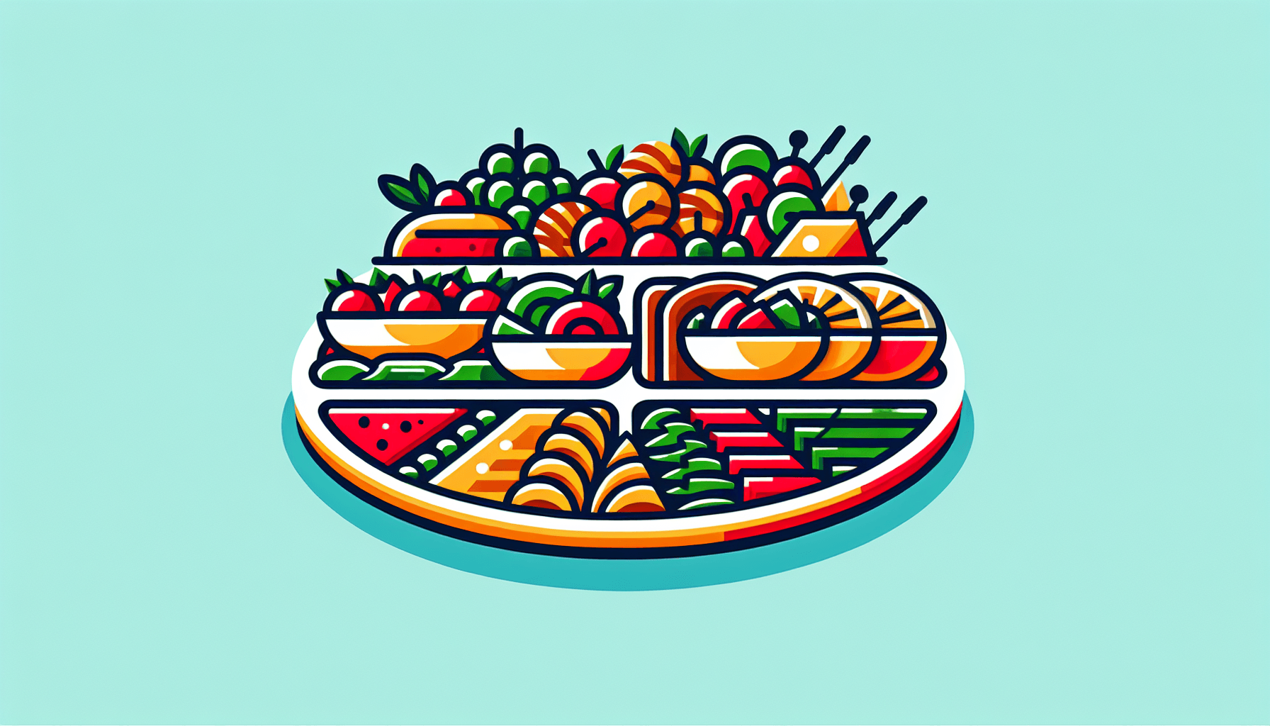 Catered platter in flat illustration style and white background, red #f47574, green #88c7a8, yellow #fcc44b, and blue #645bc8 colors.