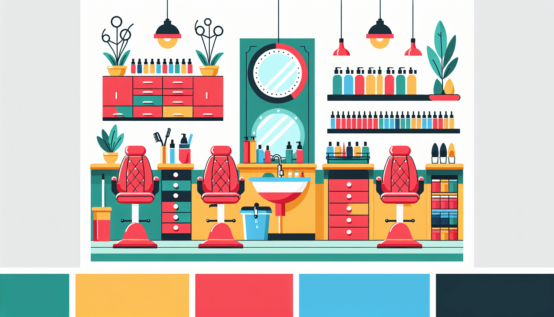Beauty salon in flat illustration style and white background, red #f47574, green #88c7a8, yellow #fcc44b, and blue #645bc8 colors.