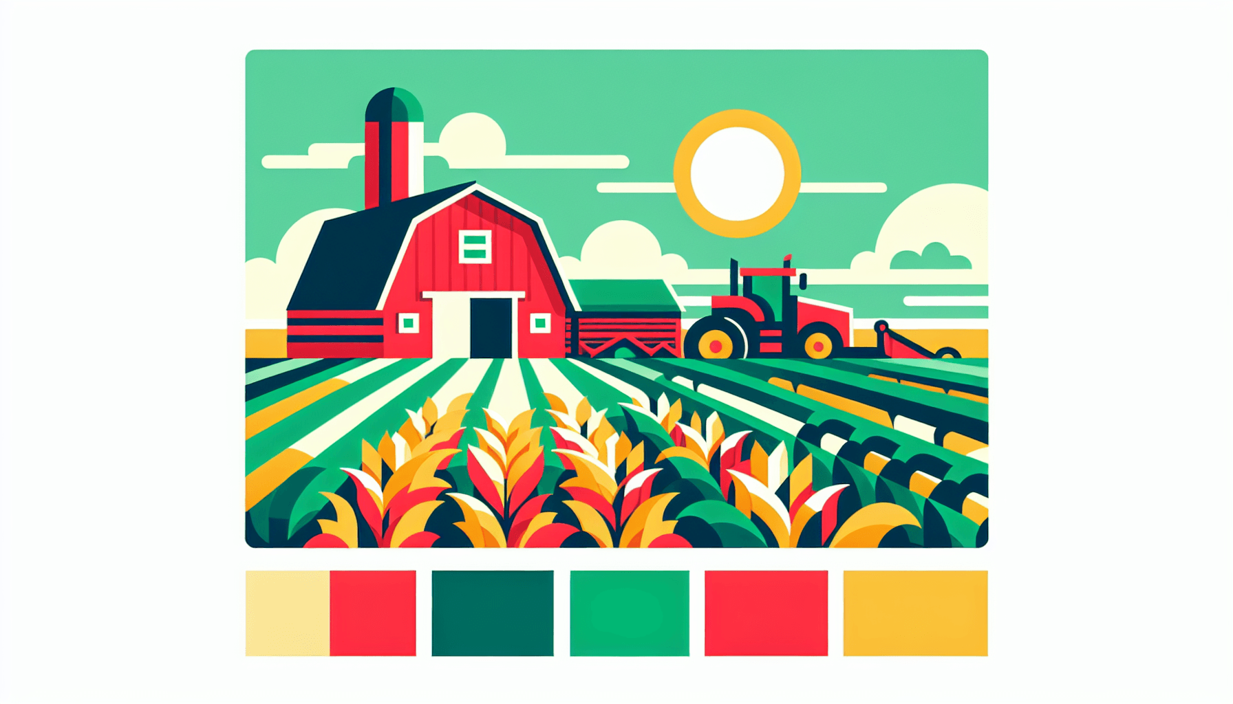 Ideas about agriculture -> Field in flat illustration style and white background, red #f47574, green #88c7a8, yellow #fcc44b, and blue #645bc8 colors.