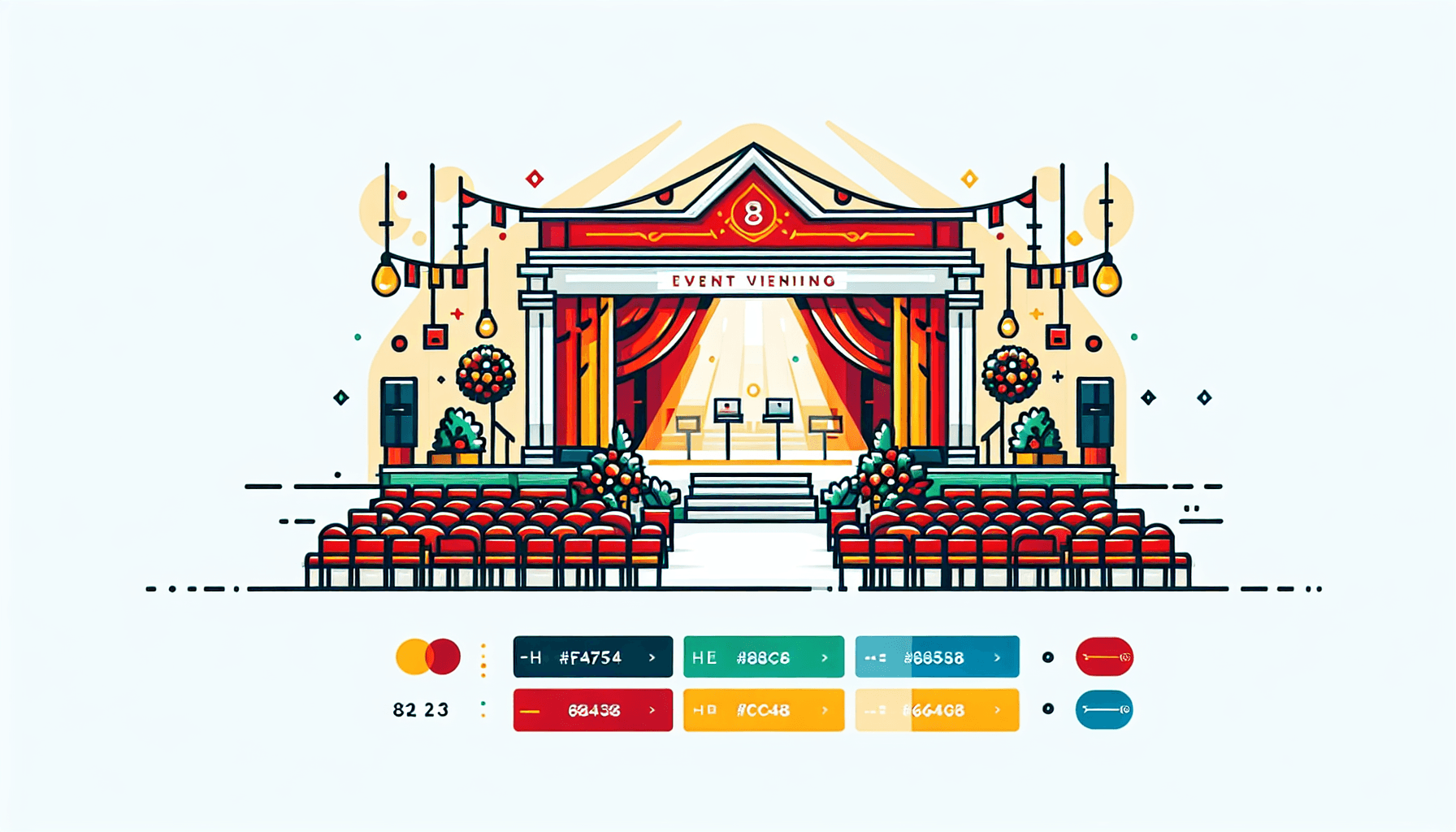 Event venue in flat illustration style and white background, red #f47574, green #88c7a8, yellow #fcc44b, and blue #645bc8 colors.