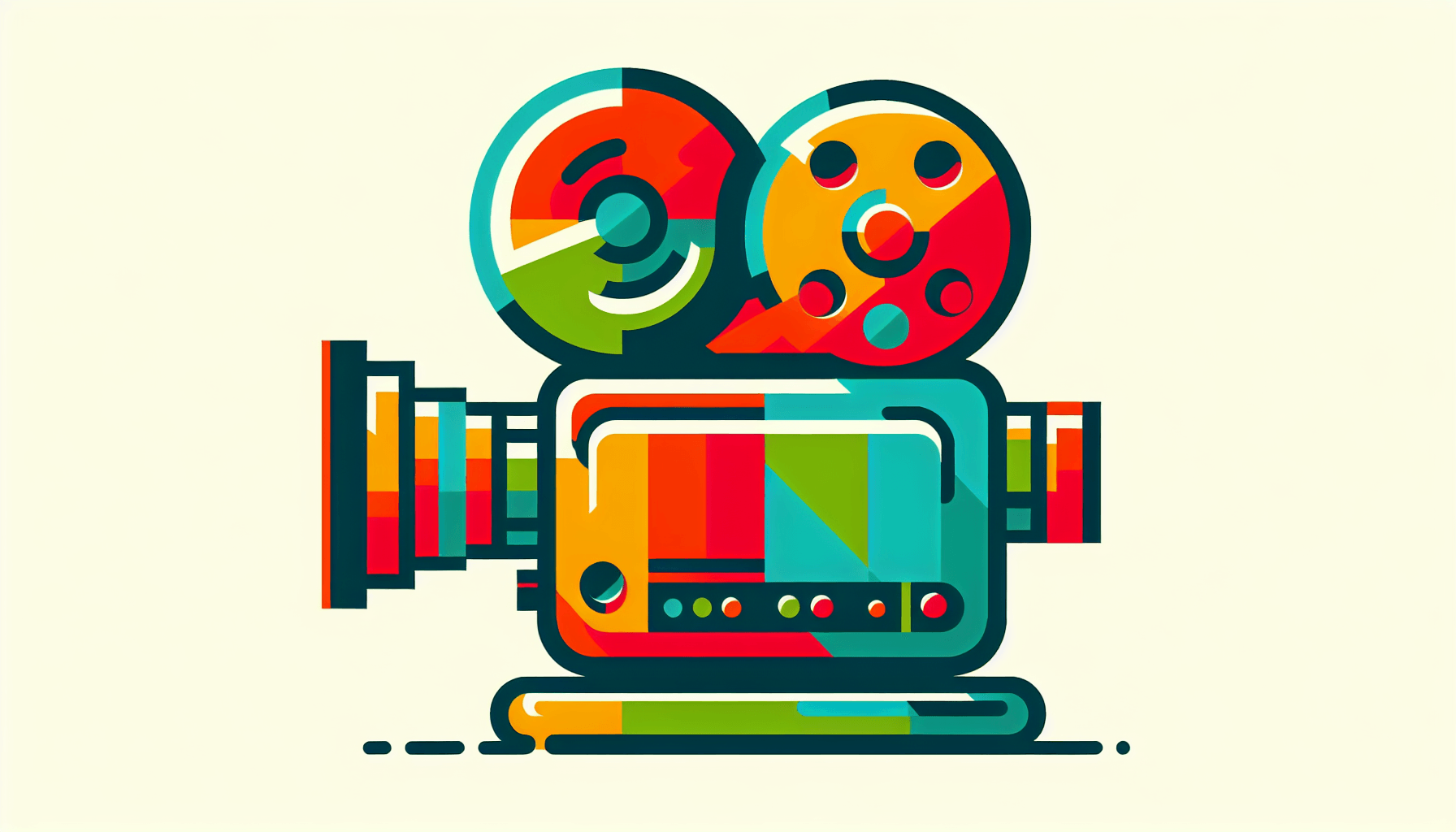 Movie camera in flat illustration style and white background, red #f47574, green #88c7a8, yellow #fcc44b, and blue #645bc8 colors.