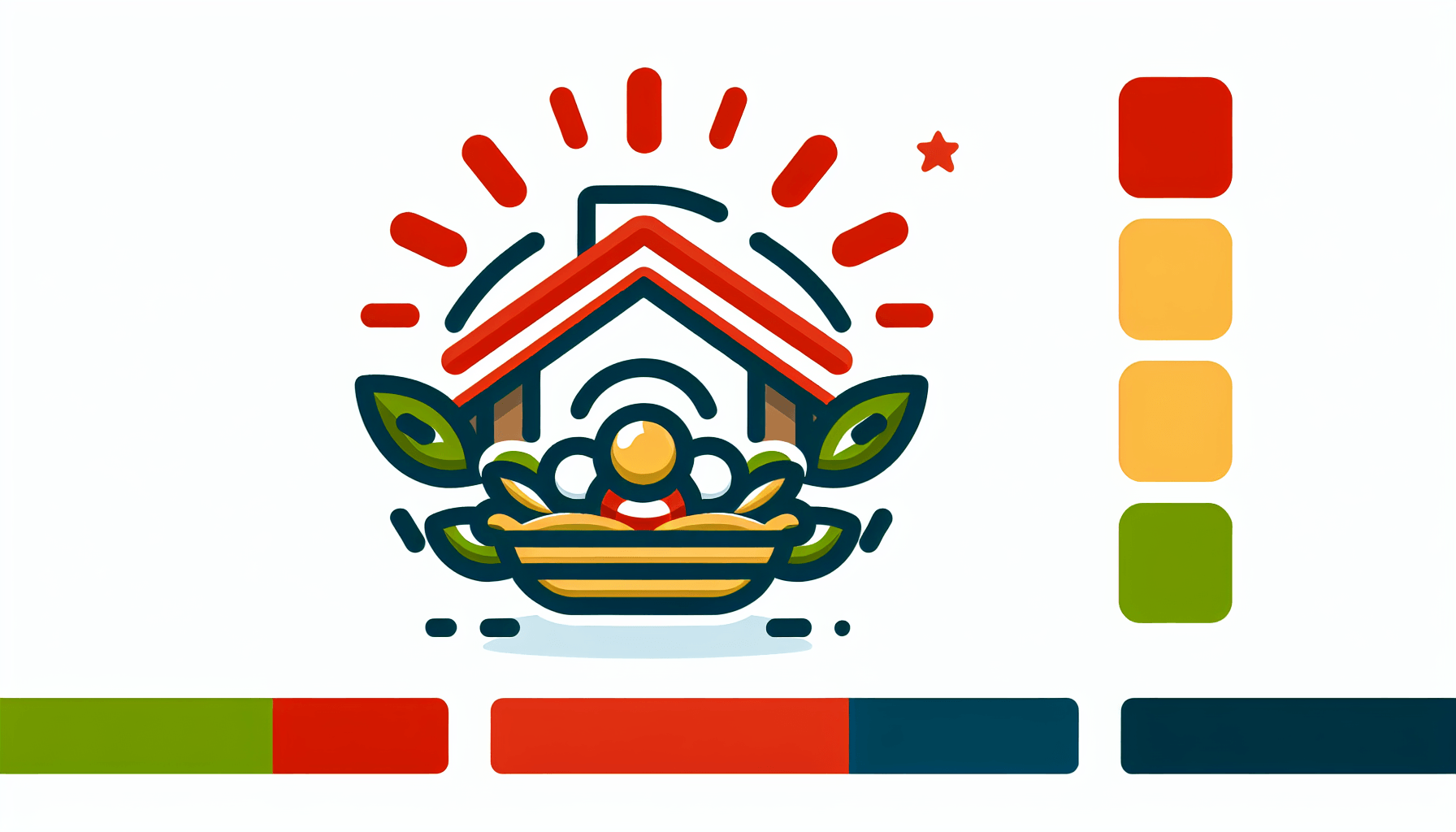Daycare -> Nurturing nest in flat illustration style and white background, red #f47574, green #88c7a8, yellow #fcc44b, and blue #645bc8 colors.