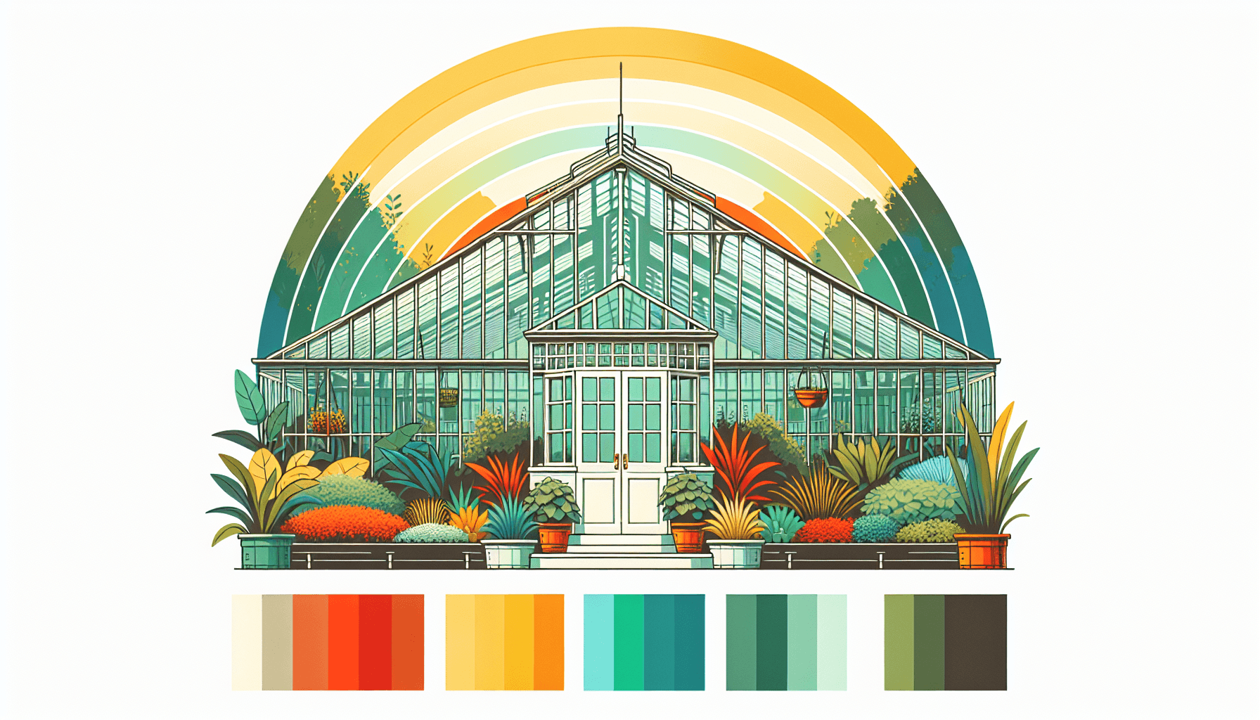 Greenhouse in flat illustration style and white background, red #f47574, green #88c7a8, yellow #fcc44b, and blue #645bc8 colors.