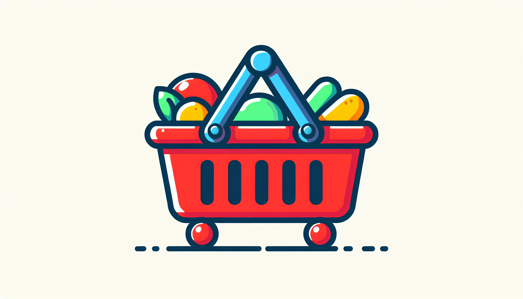 Shopping basket in flat illustration style and white background, red #f47574, green #88c7a8, yellow #fcc44b, and blue #645bc8 colors.