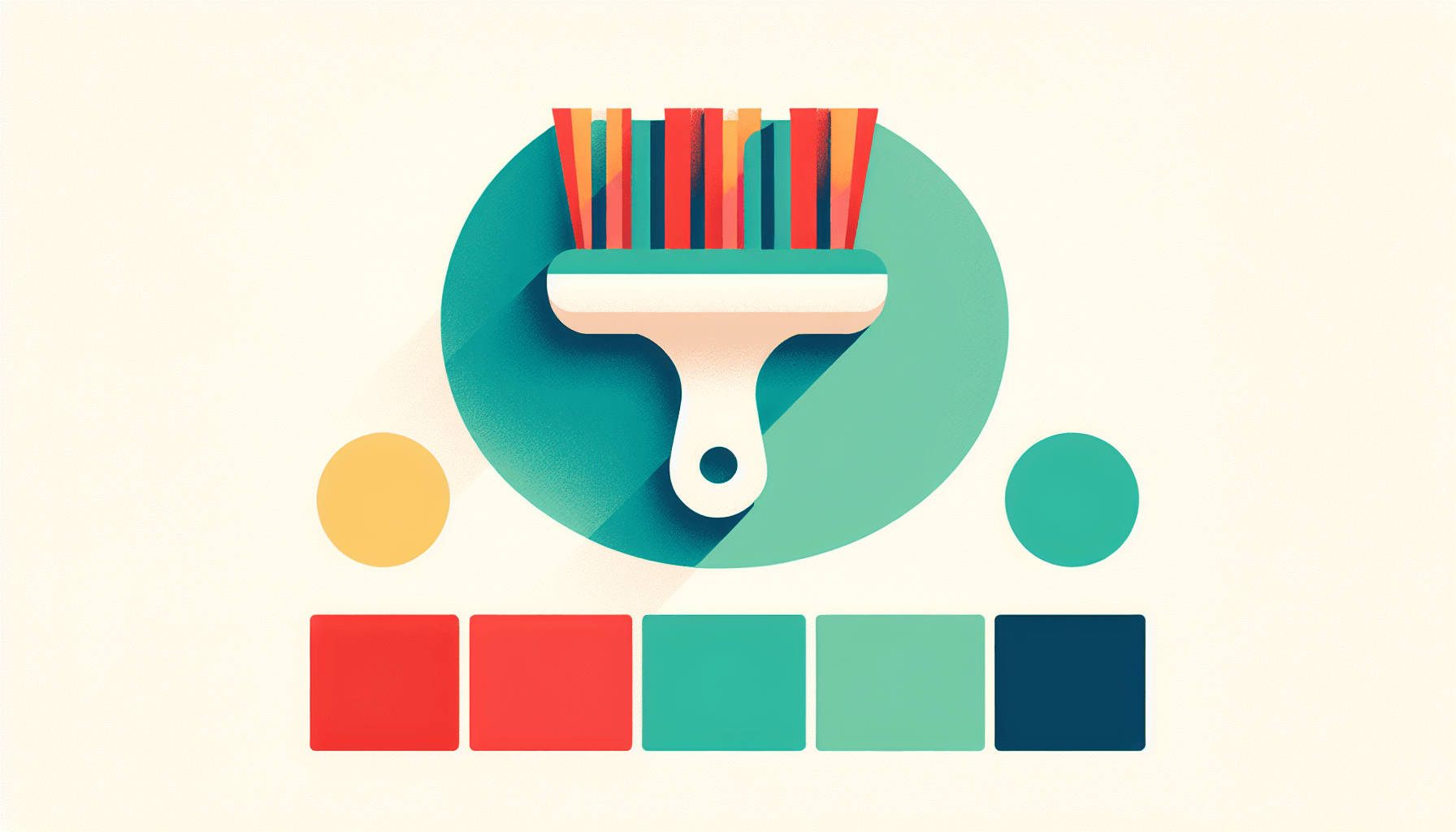 Cleaning brush in flat illustration style and white background, red #f47574, green #88c7a8, yellow #fcc44b, and blue #645bc8 colors.