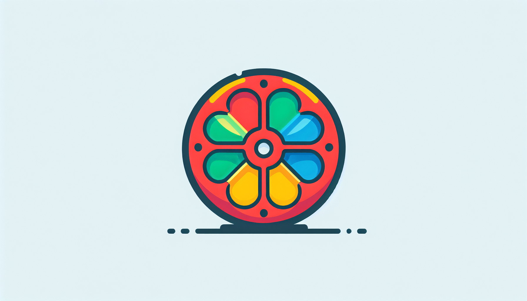 Film reel in flat illustration style and white background, red #f47574, green #88c7a8, yellow #fcc44b, and blue #645bc8 colors.