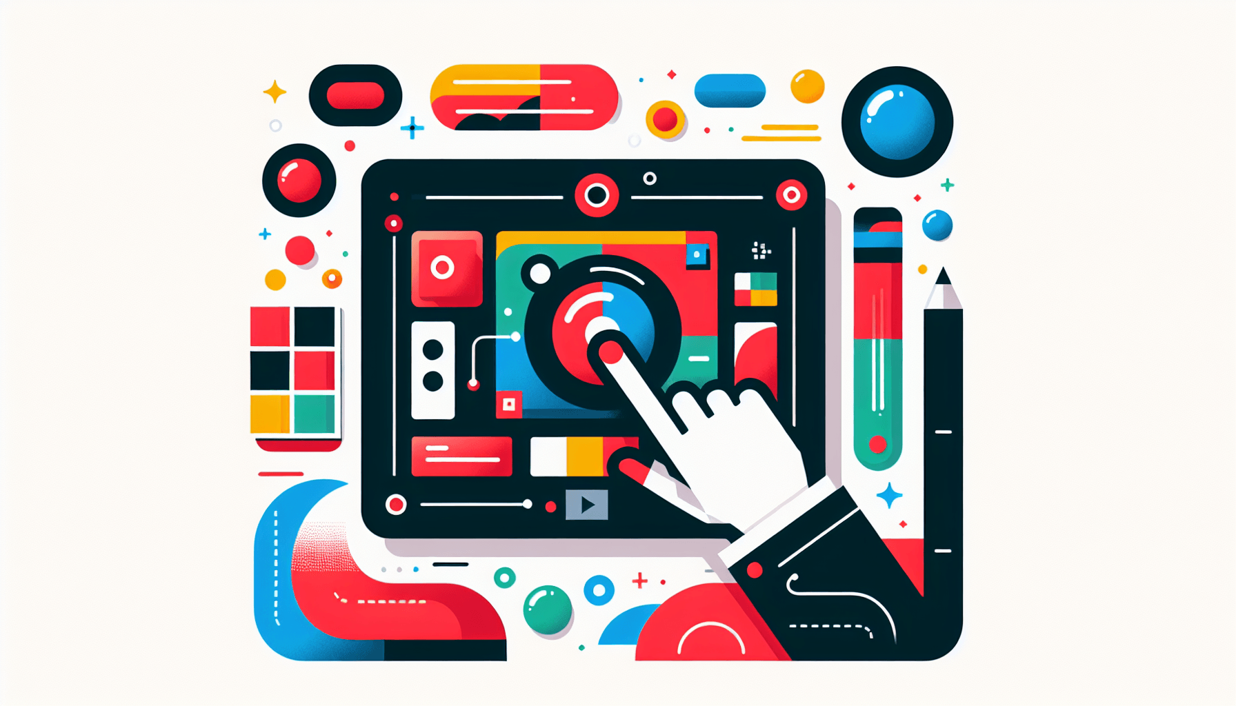 Interactive media -> Touch screen in flat illustration style and white background, red #f47574, green #88c7a8, yellow #fcc44b, and blue #645bc8 colors.