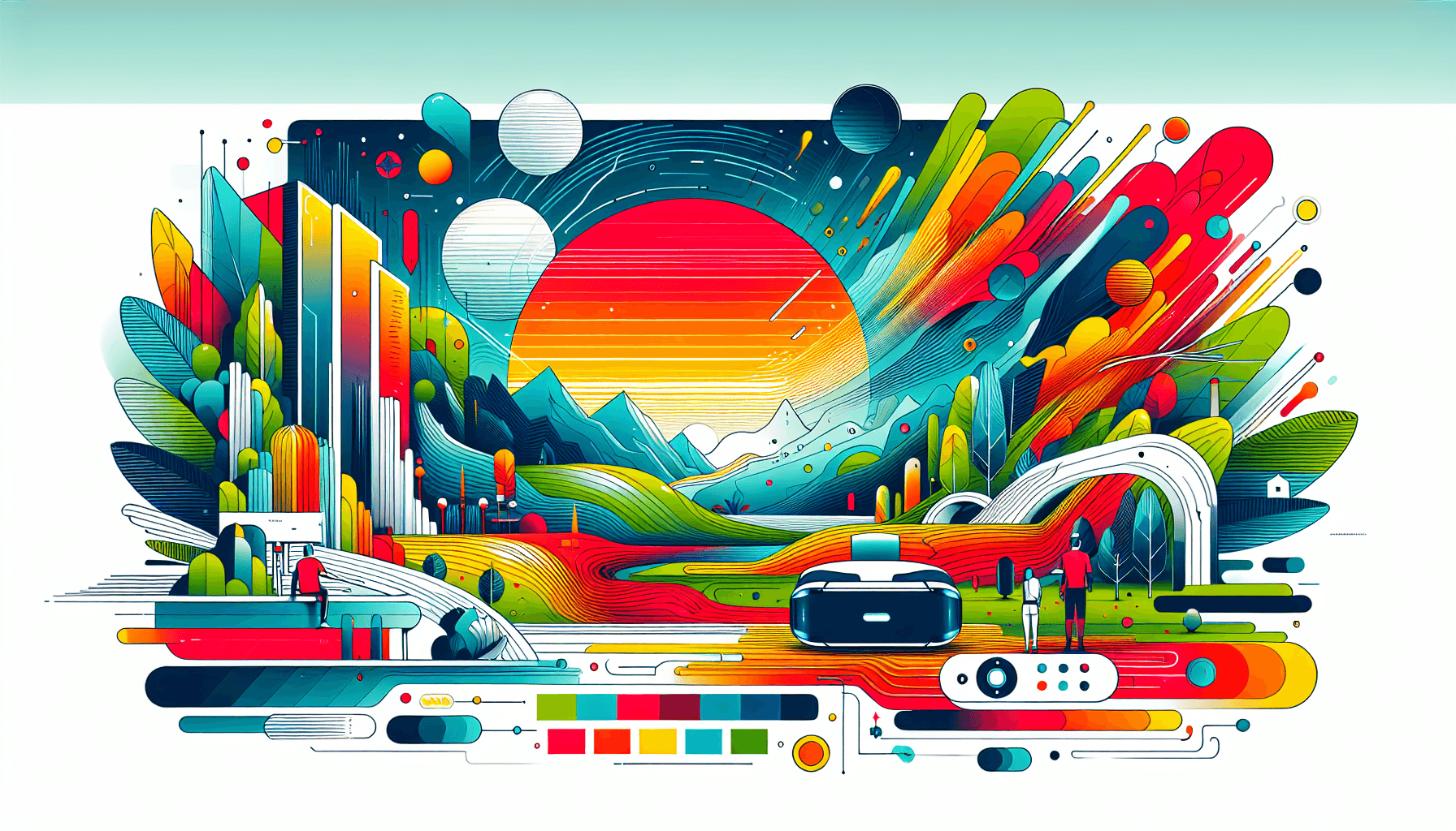 Immersive experiences -> Virtual reality in flat illustration style and white background, red #f47574, green #88c7a8, yellow #fcc44b, and blue #645bc8 colors.