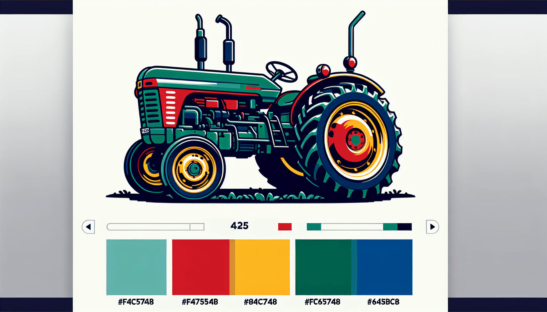 Farm tractor in flat illustration style and white background, red #f47574, green #88c7a8, yellow #fcc44b, and blue #645bc8 colors.