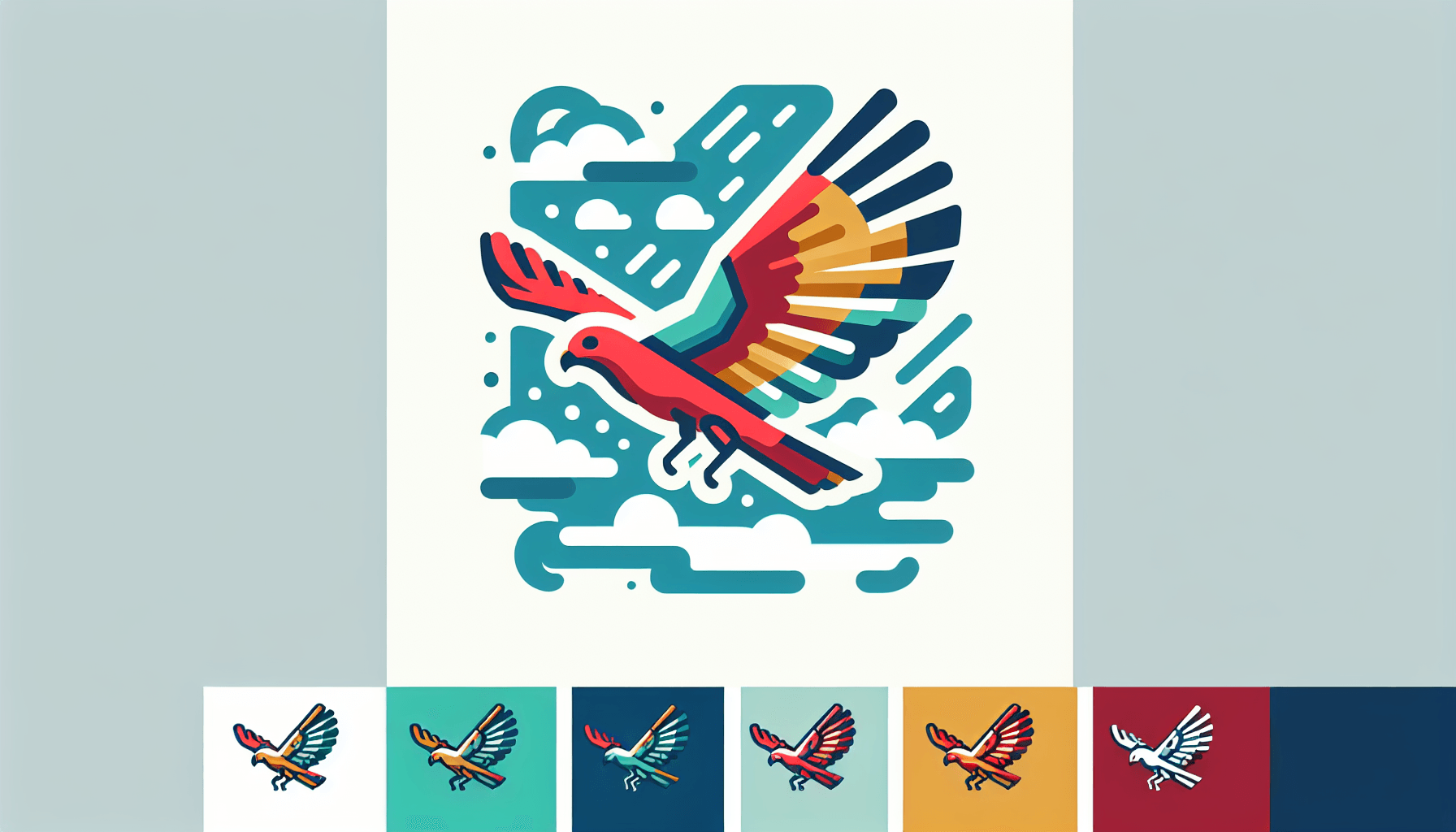 Drone -> Aerial bird in flat illustration style and white background, red #f47574, green #88c7a8, yellow #fcc44b, and blue #645bc8 colors.