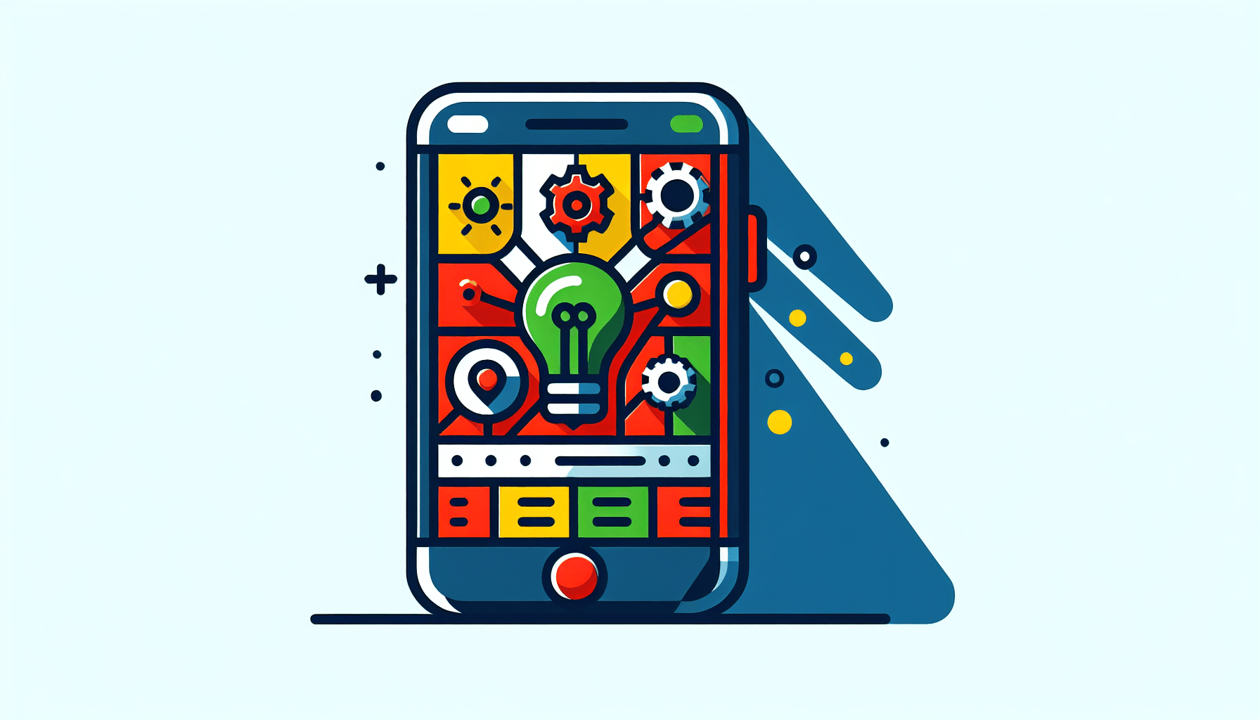 Ideas for apps -> Smartphone in flat illustration style and white background, red #f47574, green #88c7a8, yellow #fcc44b, and blue #645bc8 colors.