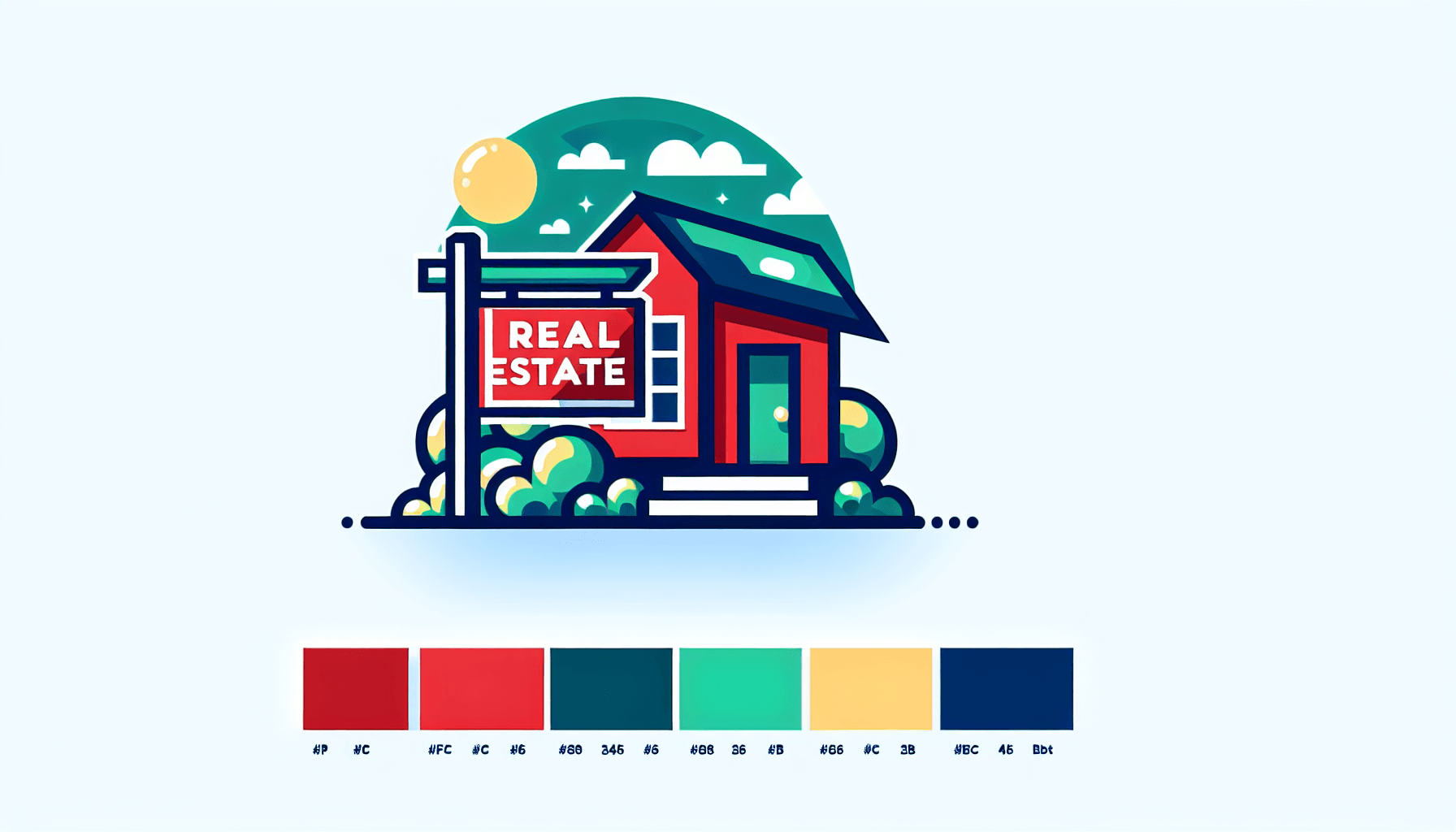 Real estate sign in flat illustration style and white background, red #f47574, green #88c7a8, yellow #fcc44b, and blue #645bc8 colors.