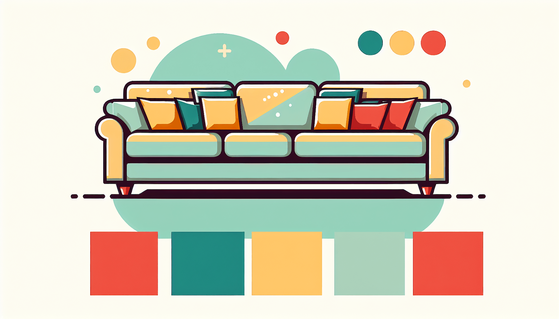 Sofa set in flat illustration style and white background, red #f47574, green #88c7a8, yellow #fcc44b, and blue #645bc8 colors.