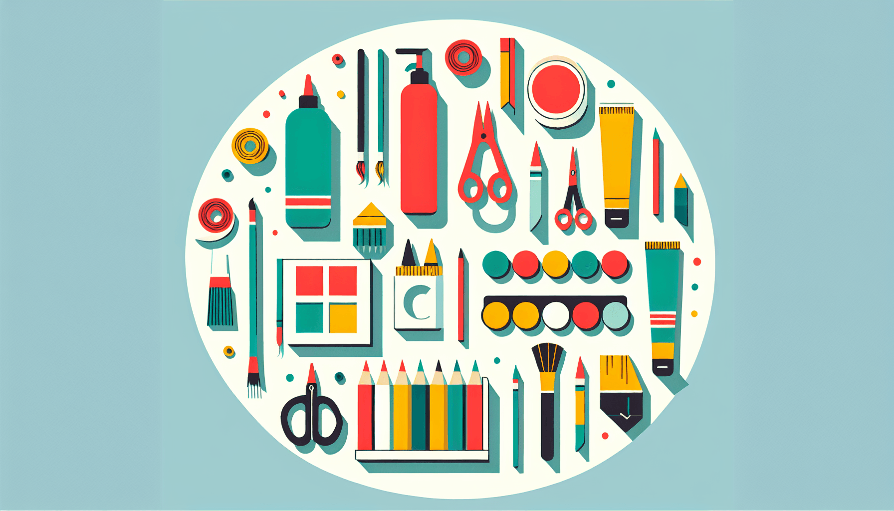 Craft supplies in flat illustration style and white background, red #f47574, green #88c7a8, yellow #fcc44b, and blue #645bc8 colors.
