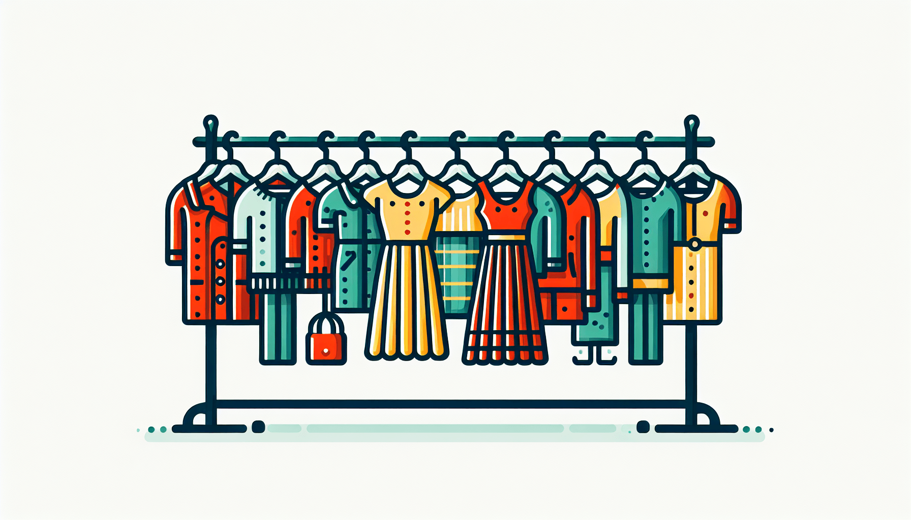 Clothing rack in flat illustration style and white background, red #f47574, green #88c7a8, yellow #fcc44b, and blue #645bc8 colors.