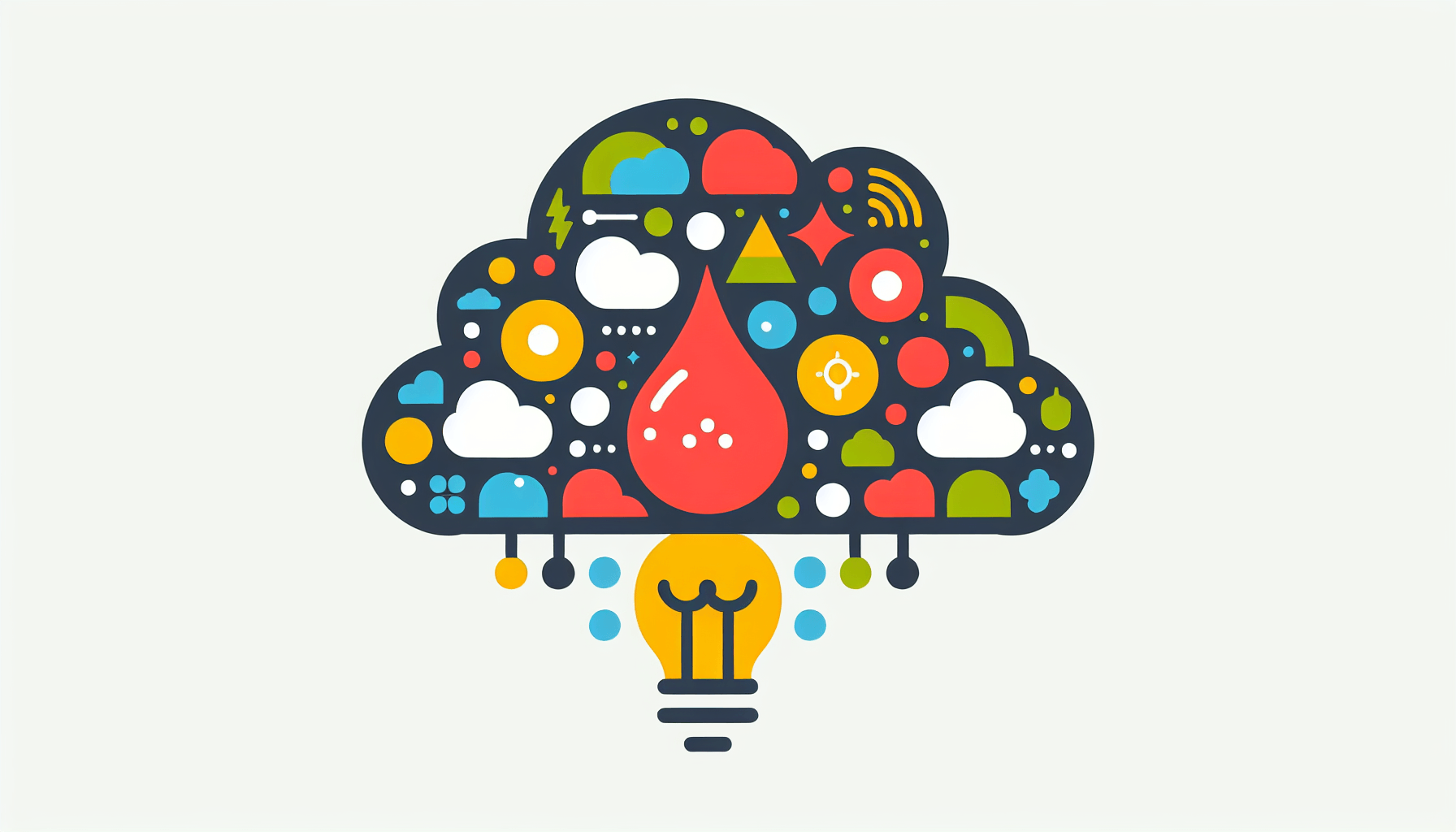 Ideas as a service -> Cloud in flat illustration style and white background, red #f47574, green #88c7a8, yellow #fcc44b, and blue #645bc8 colors.
