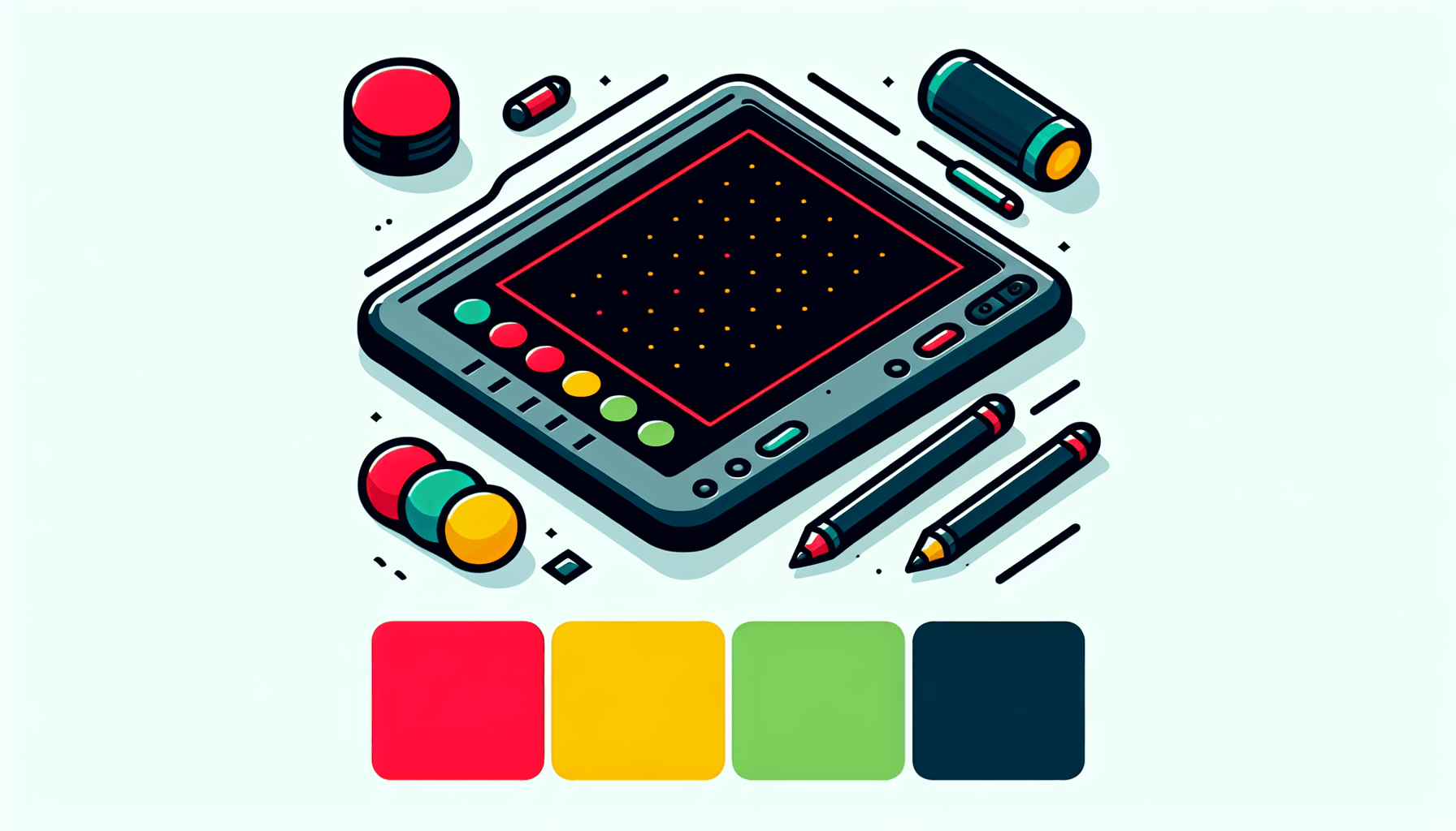 Drawing tablet in flat illustration style and white background, red #f47574, green #88c7a8, yellow #fcc44b, and blue #645bc8 colors.