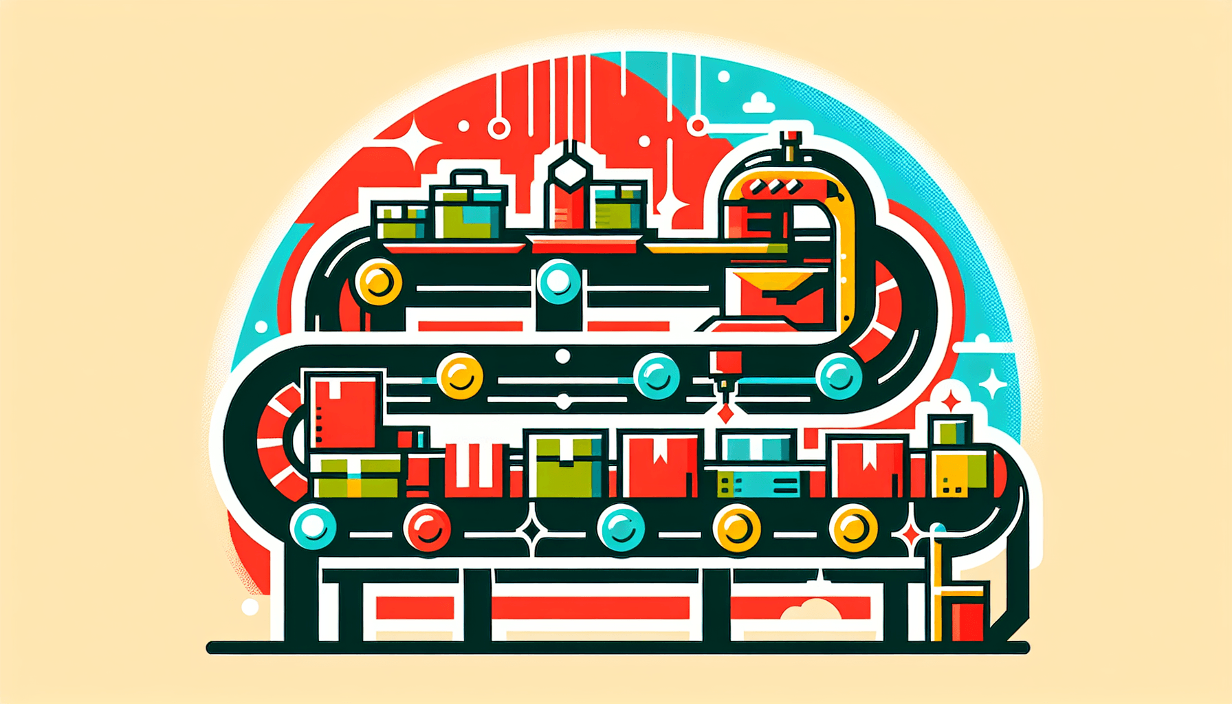 Dropshipping -> Conveyor belt in flat illustration style and white background, red #f47574, green #88c7a8, yellow #fcc44b, and blue #645bc8 colors.