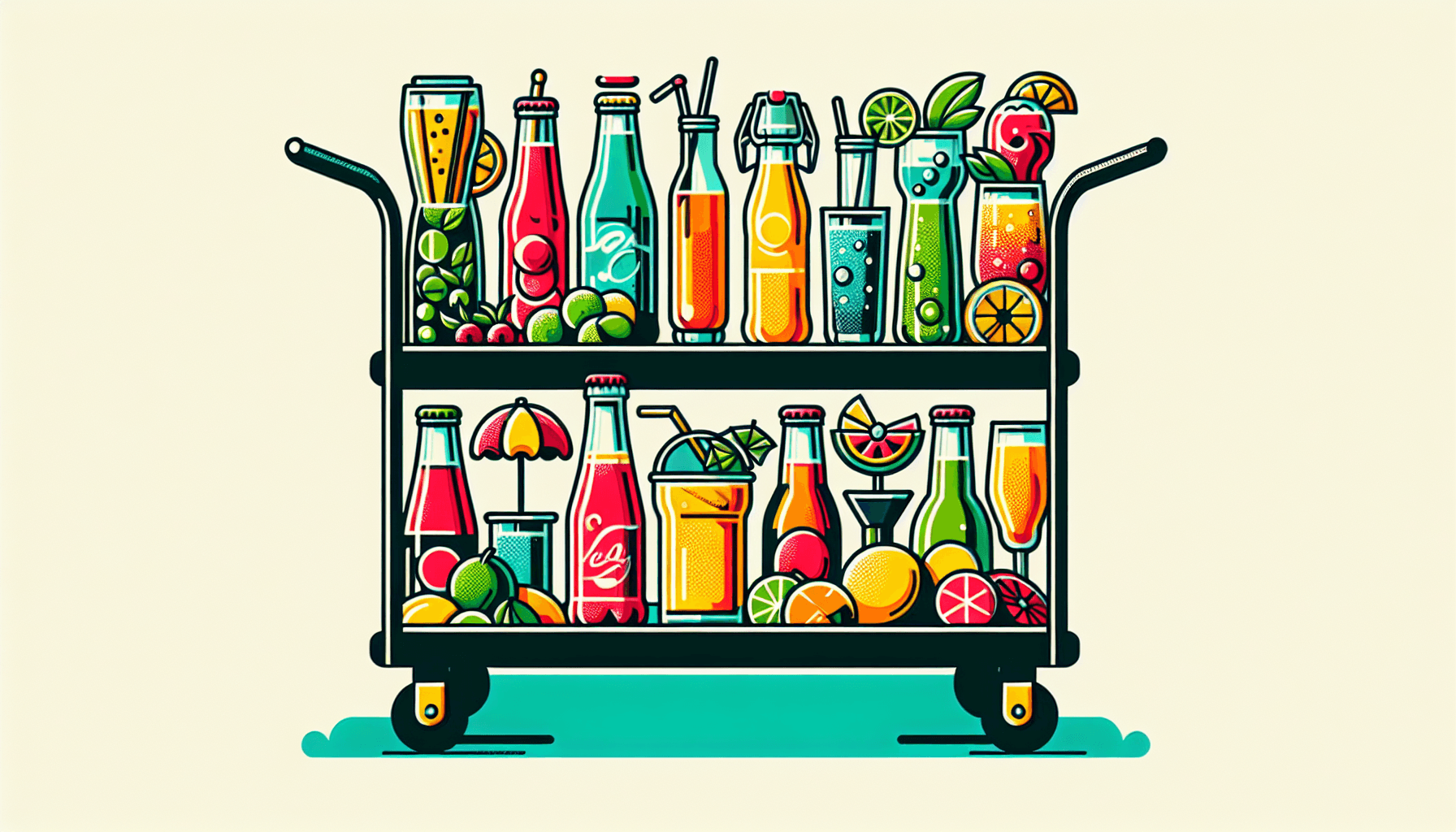 Ideas for beverages -> Beverage cart in flat illustration style and white background, red #f47574, green #88c7a8, yellow #fcc44b, and blue #645bc8 colors.