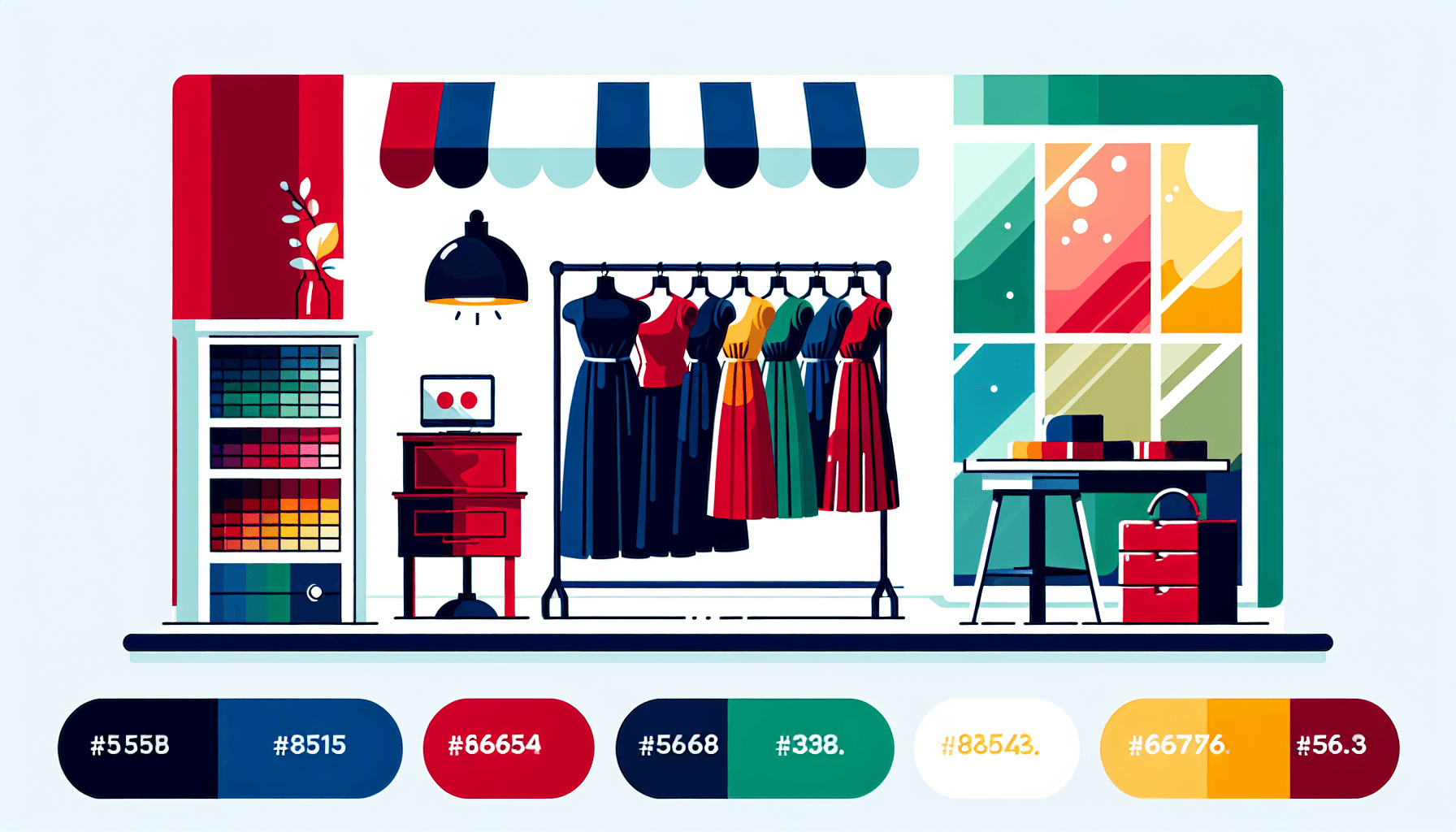 Ideas for boutiques -> Fashion rack in flat illustration style and white background, red #f47574, green #88c7a8, yellow #fcc44b, and blue #645bc8 colors.