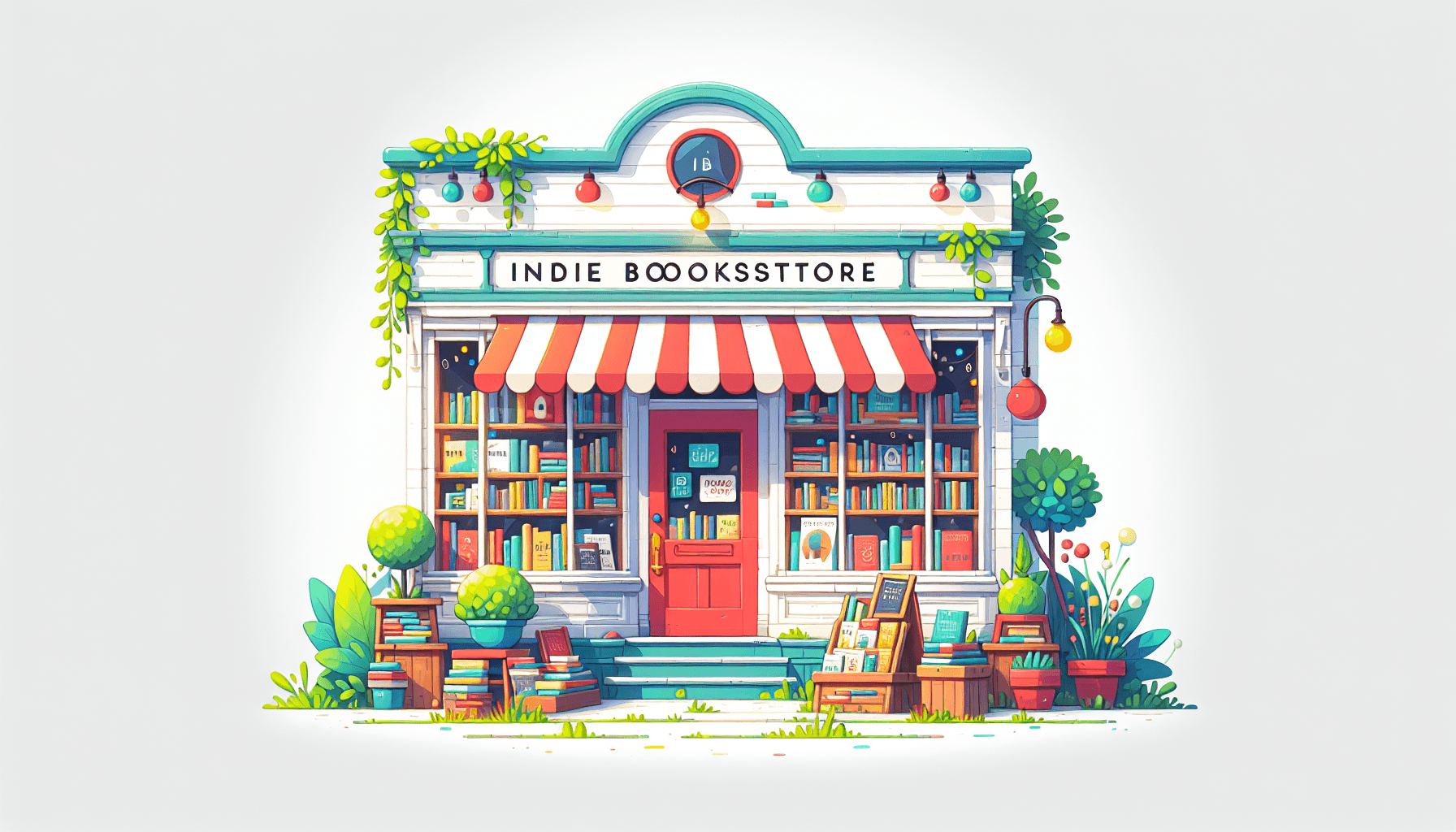 Indie publishing -> Bookstore in flat illustration style and white background, red #f47574, green #88c7a8, yellow #fcc44b, and blue #645bc8 colors.