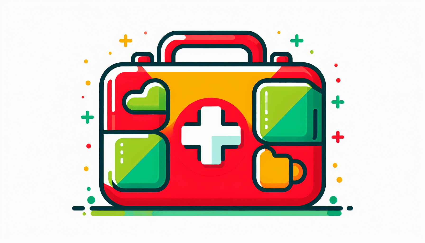 First aid kit in flat illustration style and white background, red #f47574, green #88c7a8, yellow #fcc44b, and blue #645bc8 colors.