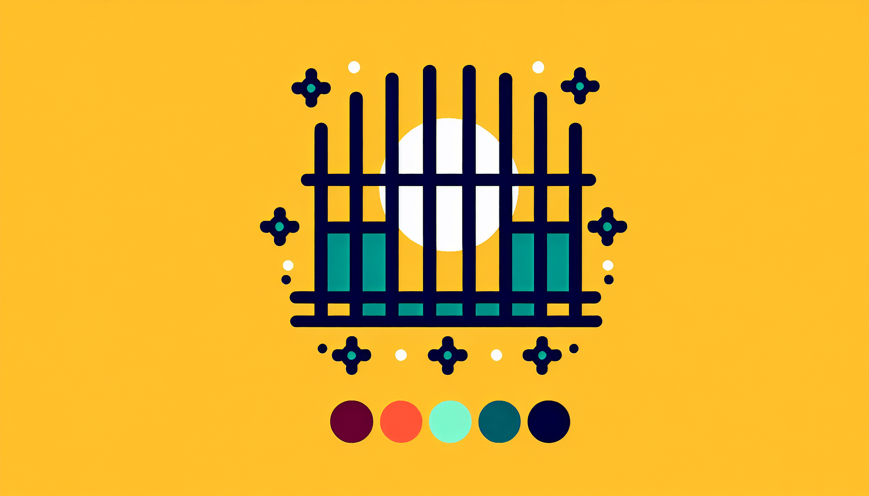 Prison bars in flat illustration style and white background, red #f47574, green #88c7a8, yellow #fcc44b, and blue #645bc8 colors.