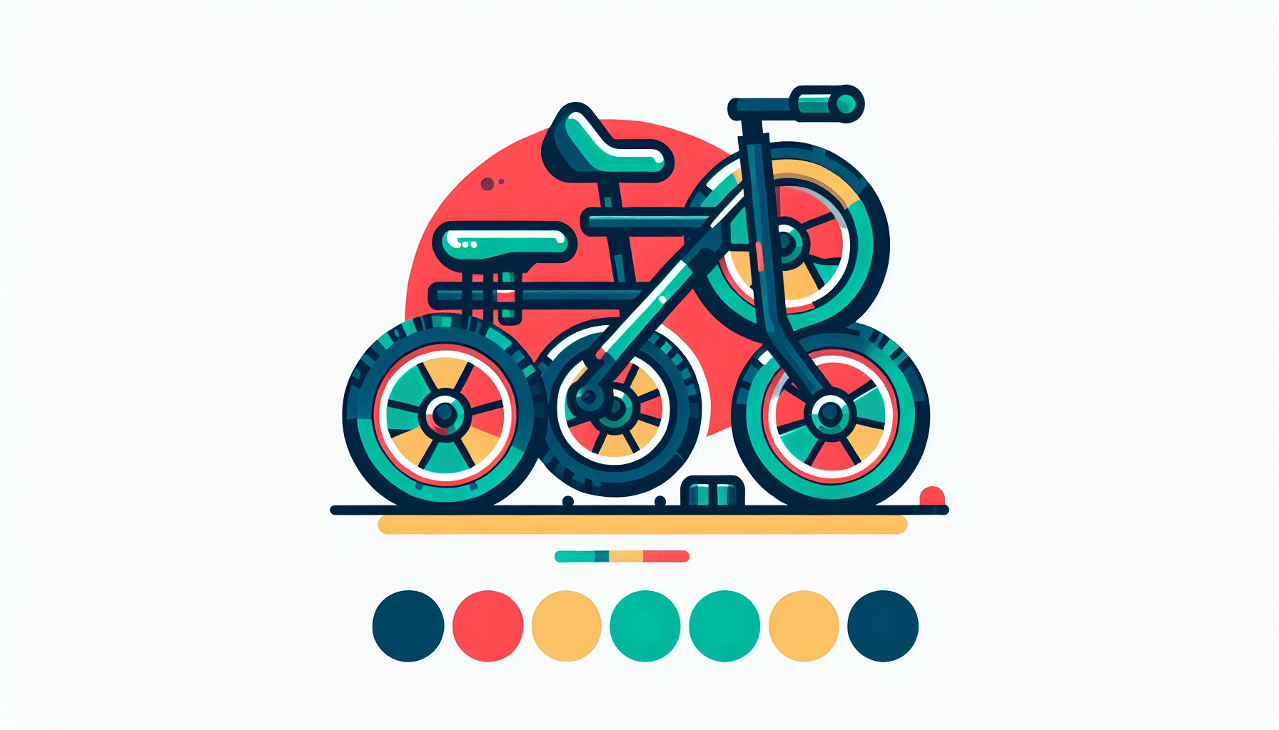 Best for a beginner -> Training wheels in flat illustration style and white background, red #f47574, green #88c7a8, yellow #fcc44b, and blue #645bc8 colors.