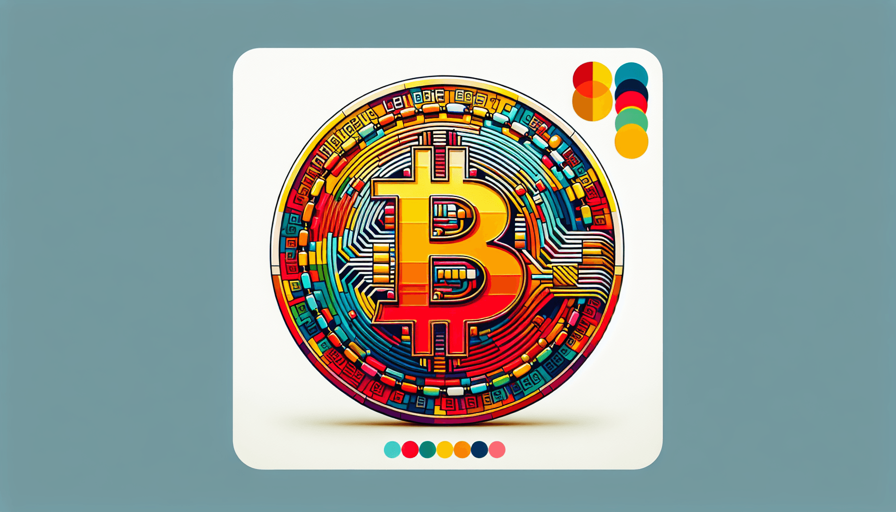 Crypto coin in flat illustration style and white background, red #f47574, green #88c7a8, yellow #fcc44b, and blue #645bc8 colors.