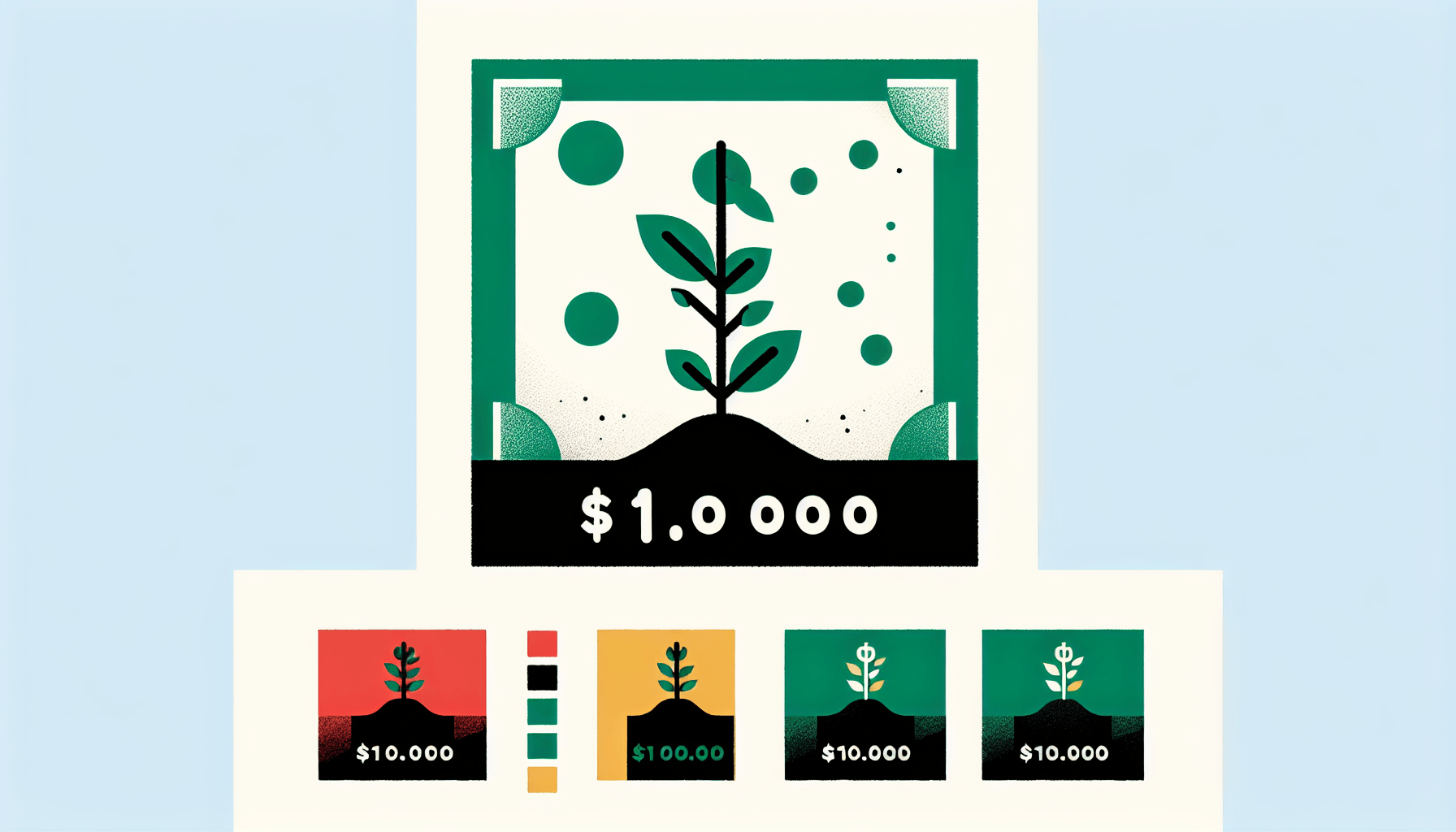 Start with $10,000 -> Seedling in flat illustration style and white background, red #f47574, green #88c7a8, yellow #fcc44b, and blue #645bc8 colors.
