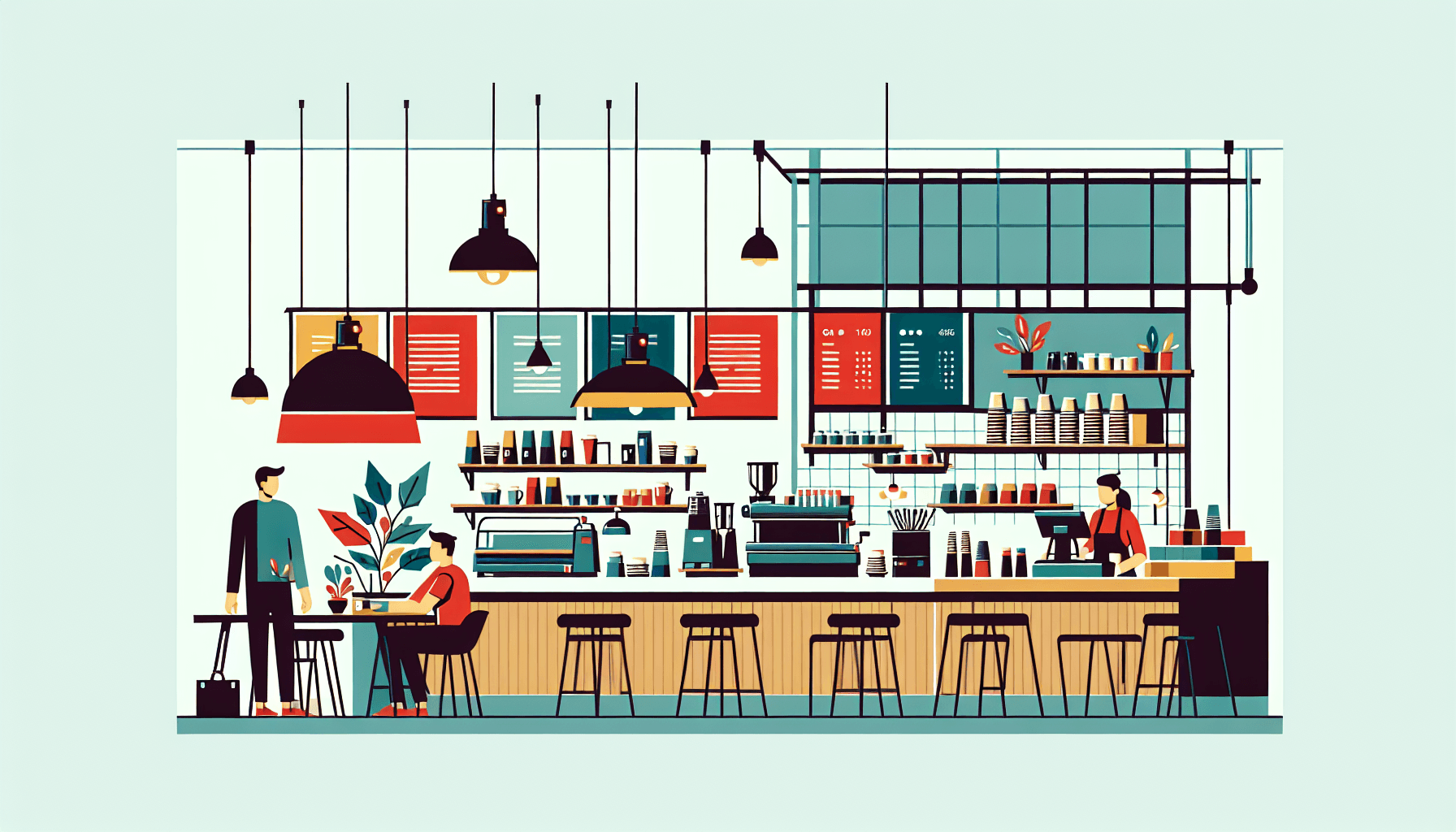 Coffee shop in flat illustration style and white background, red #f47574, green #88c7a8, yellow #fcc44b, and blue #645bc8 colors.
