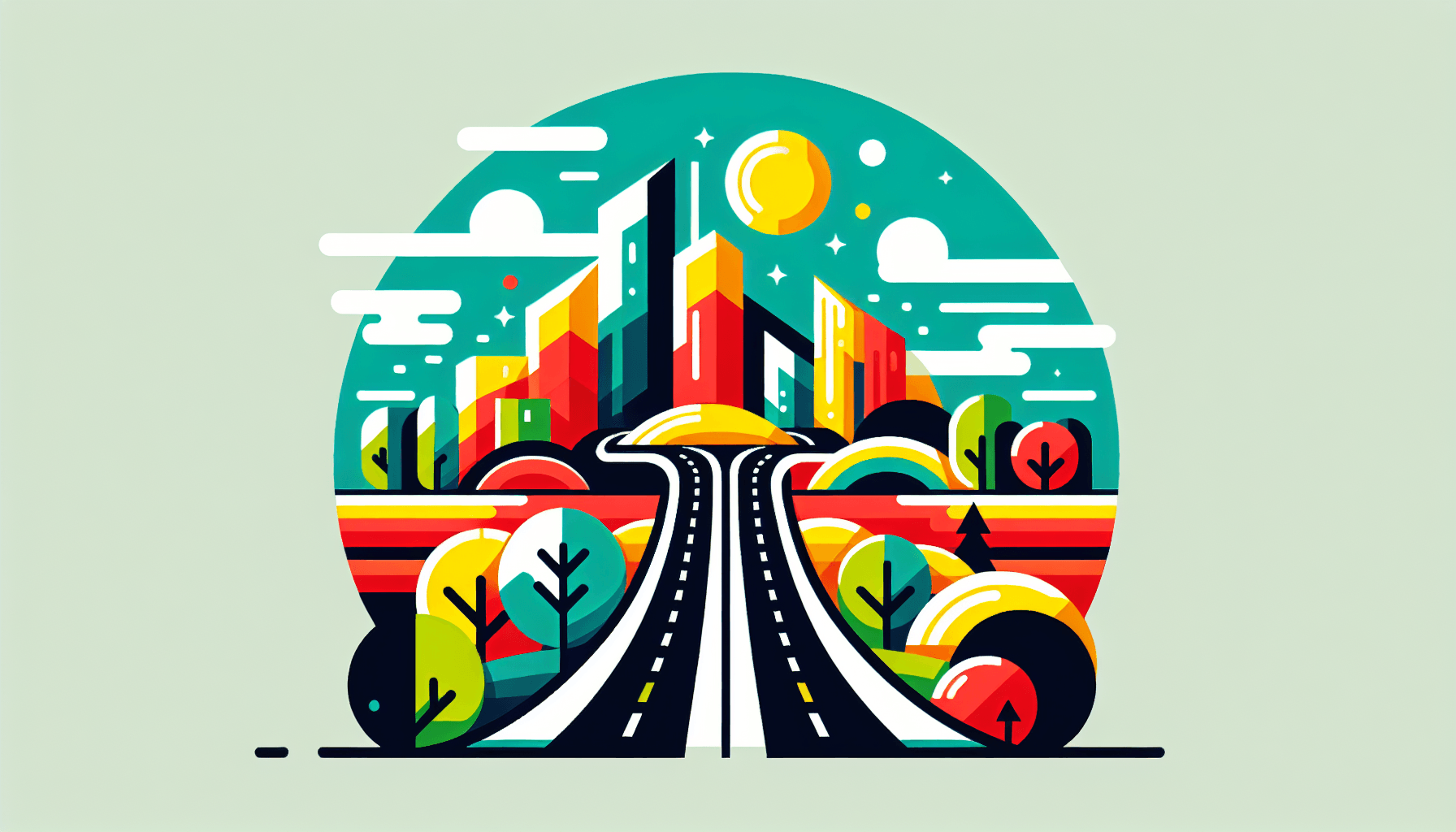 Best industry for startups -> Open road in flat illustration style and white background, red #f47574, green #88c7a8, yellow #fcc44b, and blue #645bc8 colors.