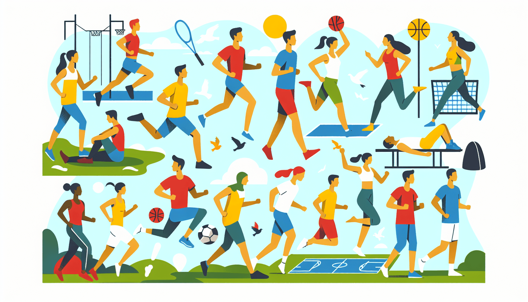 Nike and Adidas target market -> Sports enthusiasts in flat illustration style and white background, red #f47574, green #88c7a8, yellow #fcc44b, and blue #645bc8 colors.
