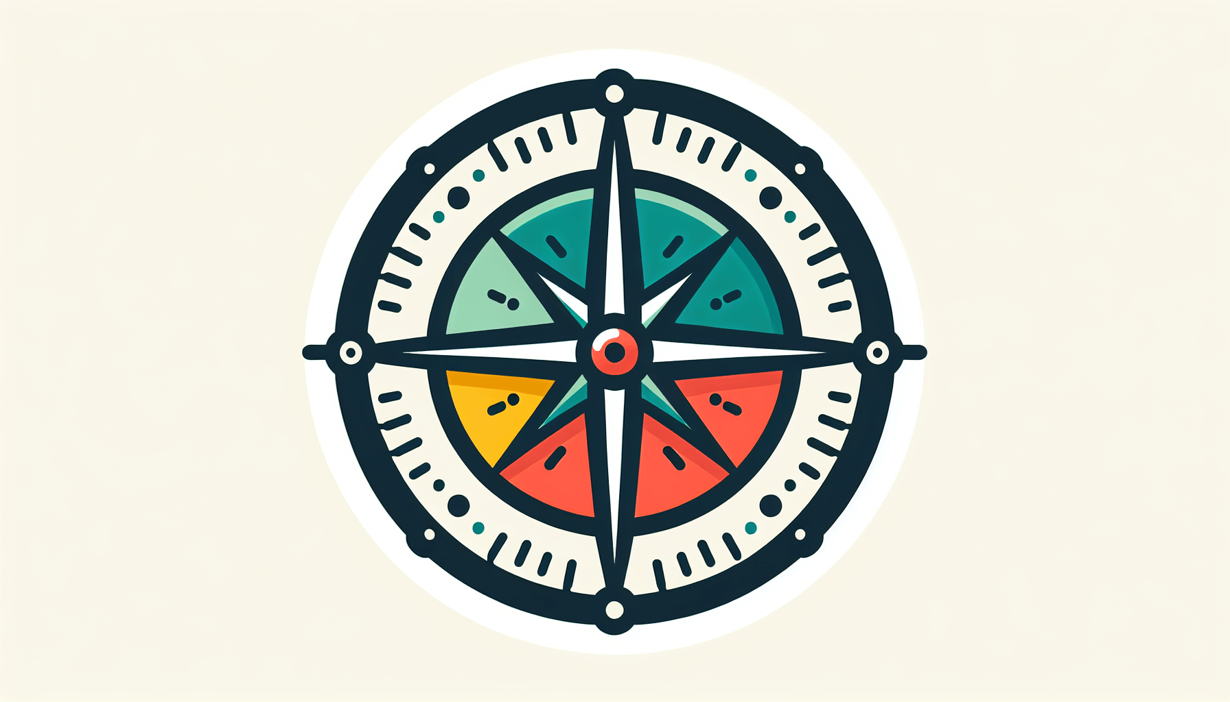 Planning strategies -> Compass in flat illustration style and white background, red #f47574, green #88c7a8, yellow #fcc44b, and blue #645bc8 colors.