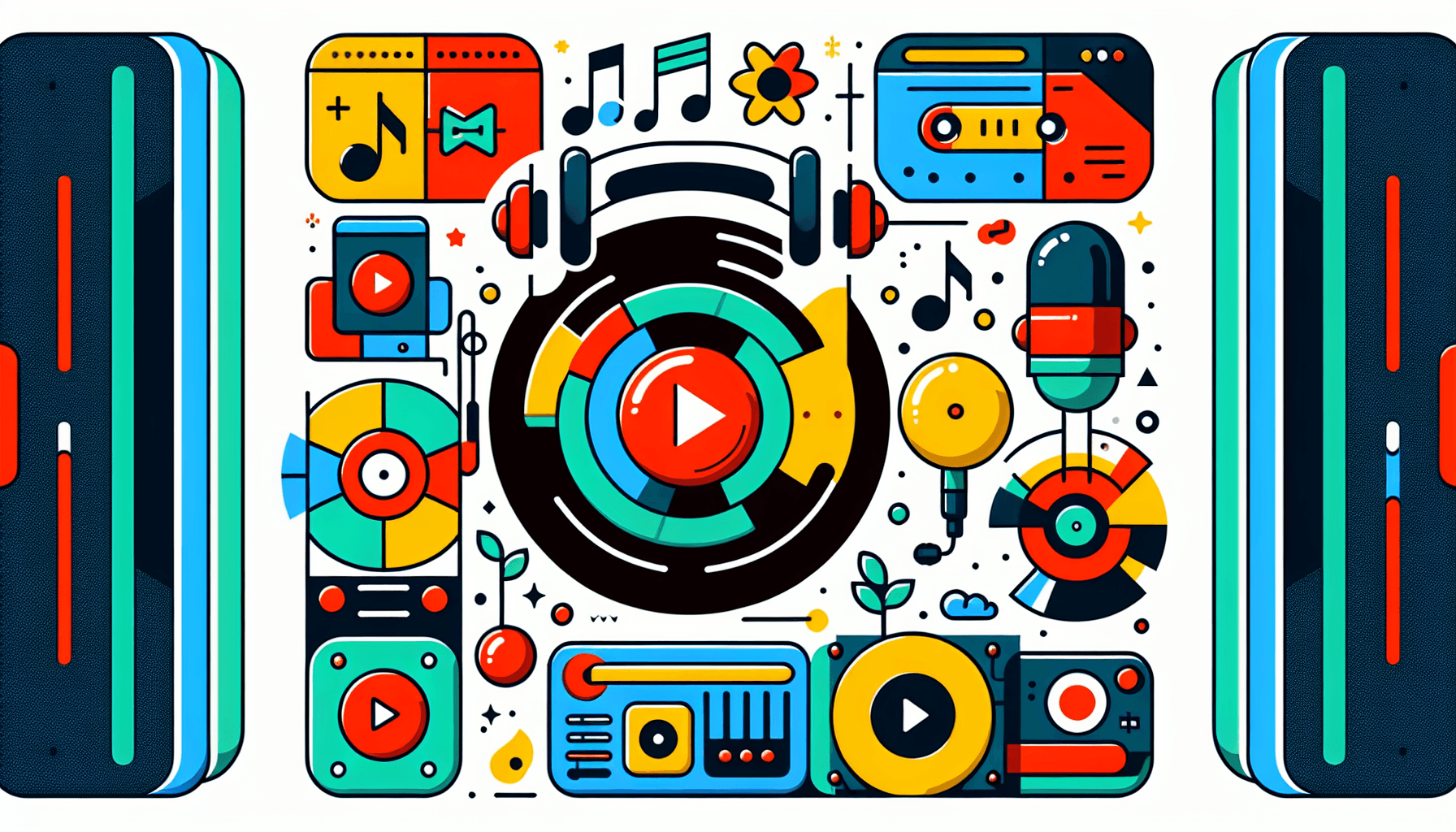 Spotify business -> Music platform in flat illustration style and white background, red #f47574, green #88c7a8, yellow #fcc44b, and blue #645bc8 colors.