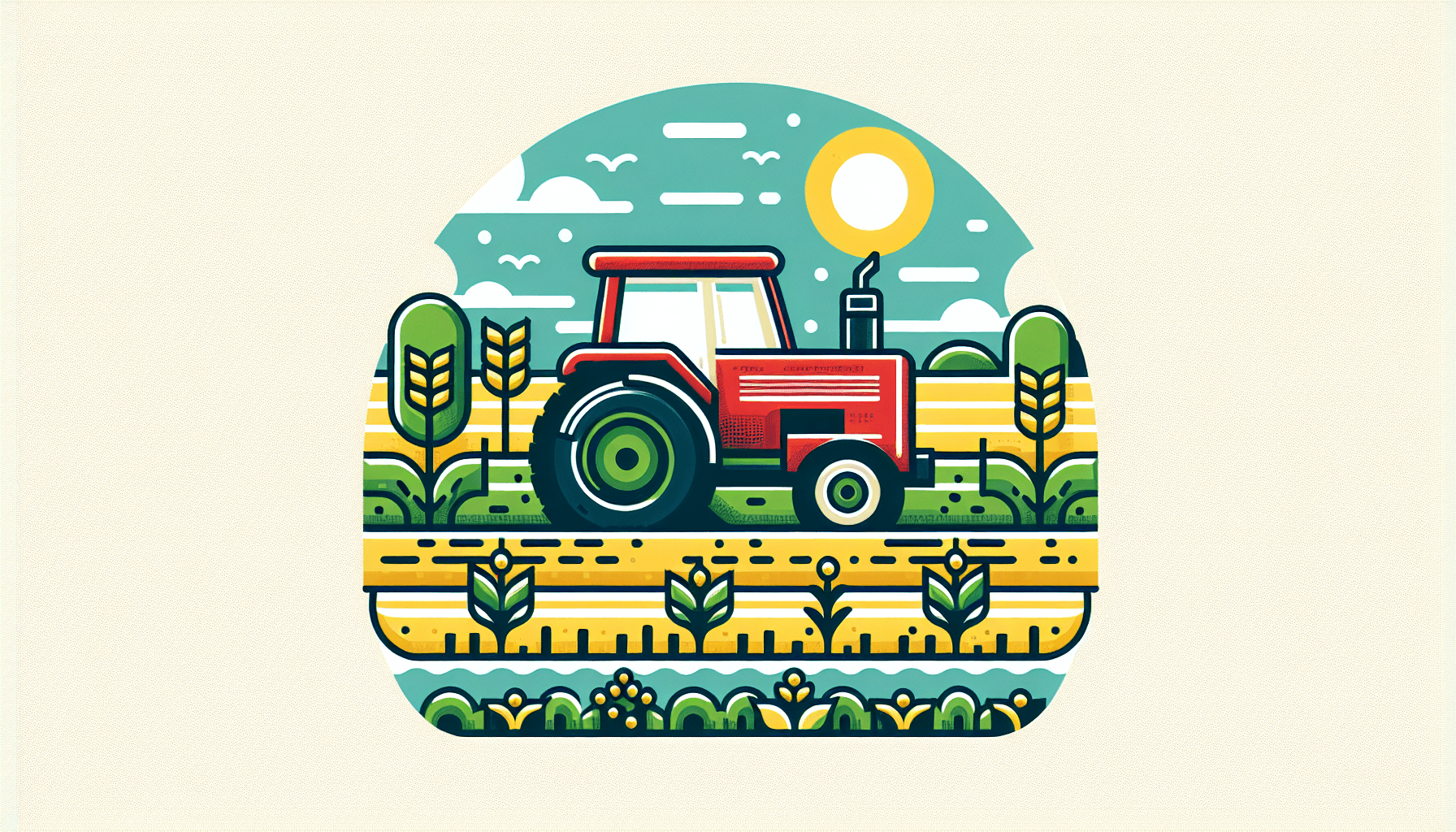 Farming -> Tractor in flat illustration style and white background, red #f47574, green #88c7a8, yellow #fcc44b, and blue #645bc8 colors.