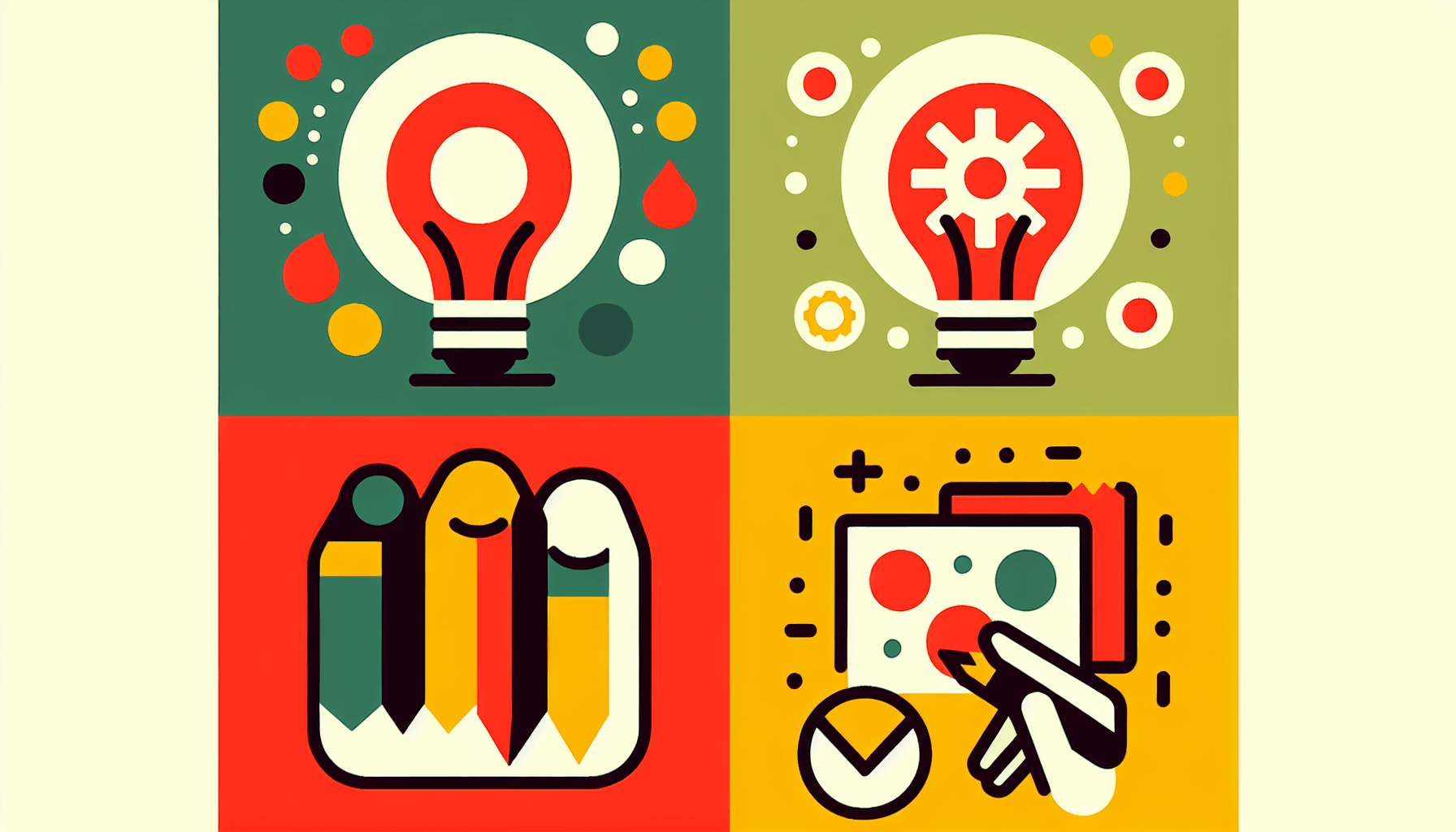 Brand strategy -> Identity in flat illustration style and white background, red #f47574, green #88c7a8, yellow #fcc44b, and blue #645bc8 colors.