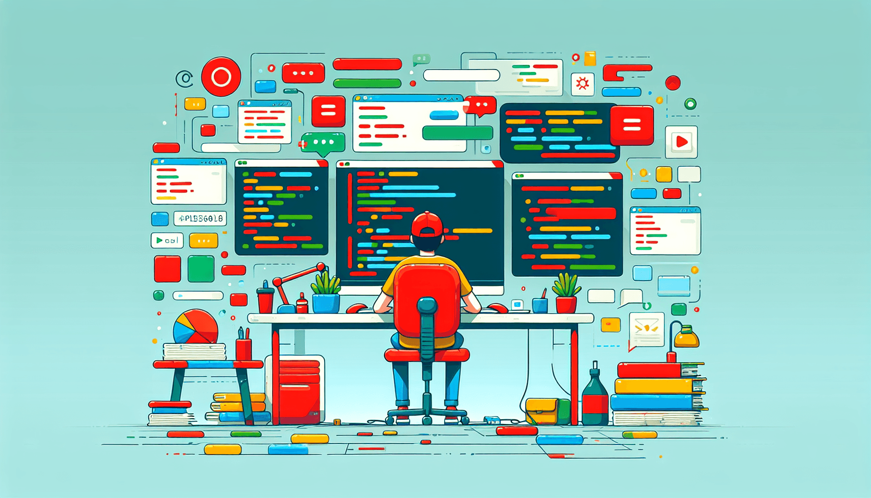 AI coding tool -> Code editor in flat illustration style and white background, red #f47574, green #88c7a8, yellow #fcc44b, and blue #645bc8 colors.