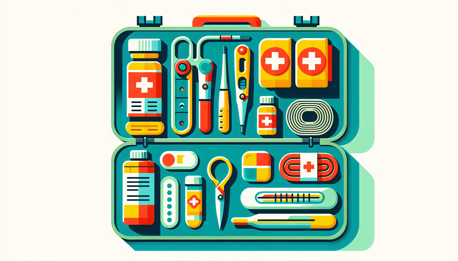 Medical kit in flat illustration style and white background, red #f47574, green #88c7a8, yellow #fcc44b, and blue #645bc8 colors.