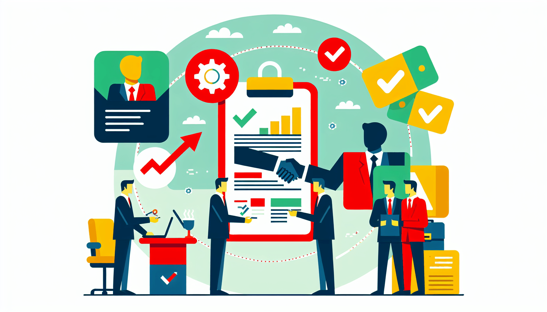 Buyout -> Acquisition in flat illustration style and white background, red #f47574, green #88c7a8, yellow #fcc44b, and blue #645bc8 colors.