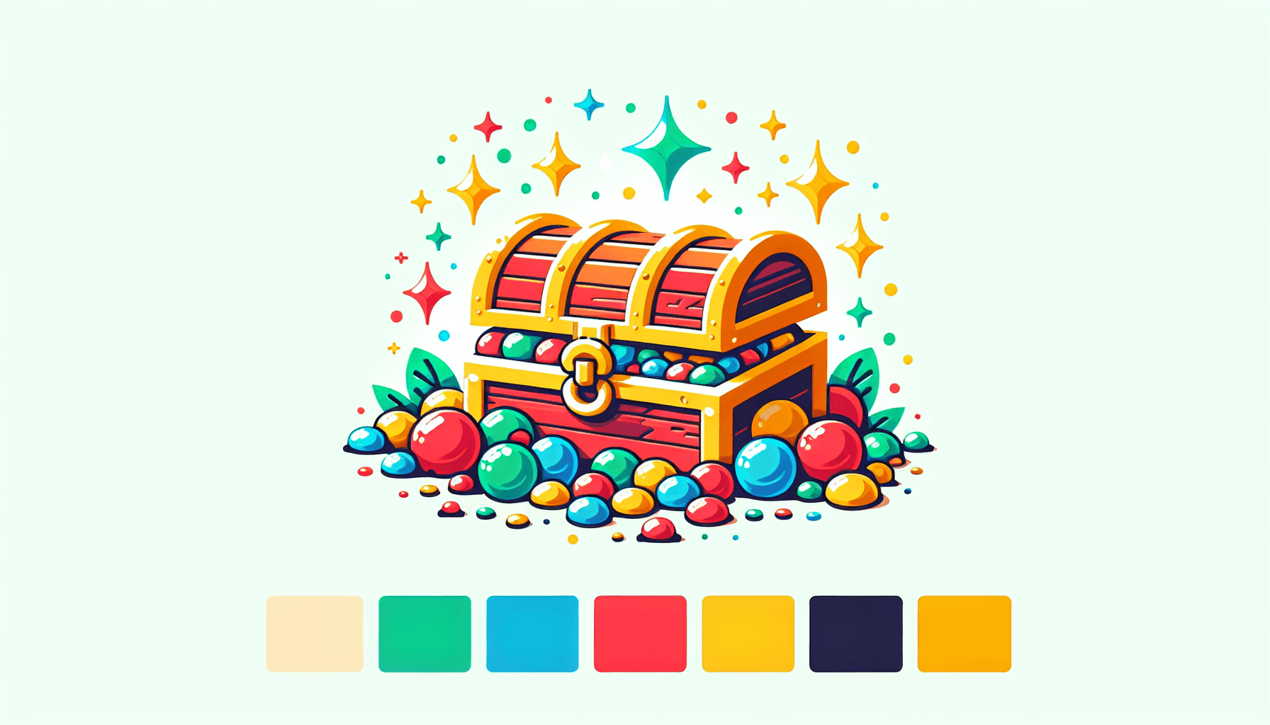 Golden rules -> Treasure chest in flat illustration style and white background, red #f47574, green #88c7a8, yellow #fcc44b, and blue #645bc8 colors.