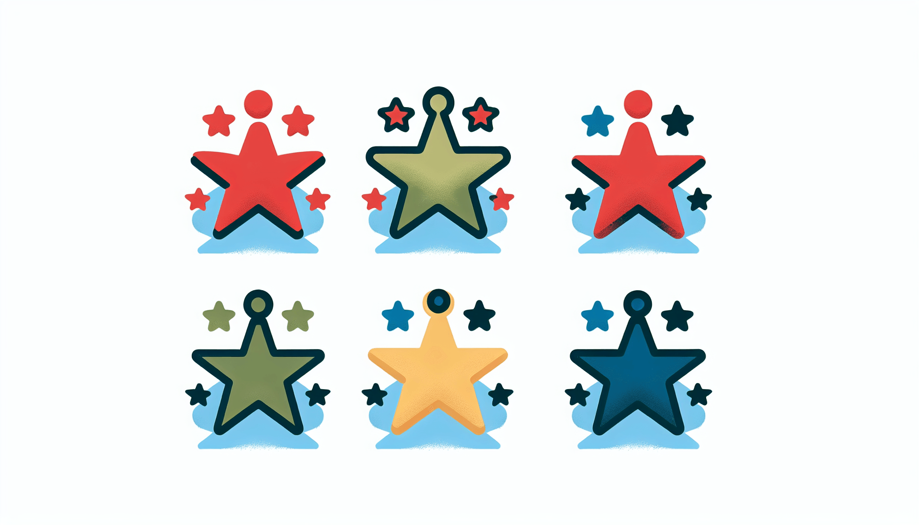 Shopify customers -> Stars in flat illustration style and white background, red #f47574, green #88c7a8, yellow #fcc44b, and blue #645bc8 colors.