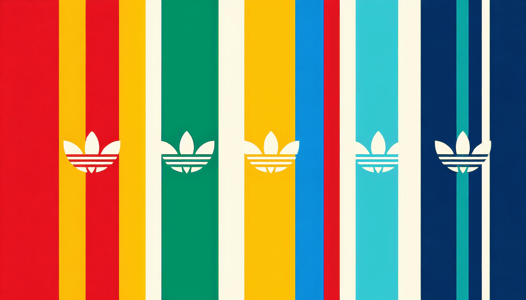 Nike's biggest competitor -> Adidas stripes in flat illustration style and white background, red #f47574, green #88c7a8, yellow #fcc44b, and blue #645bc8 colors.
