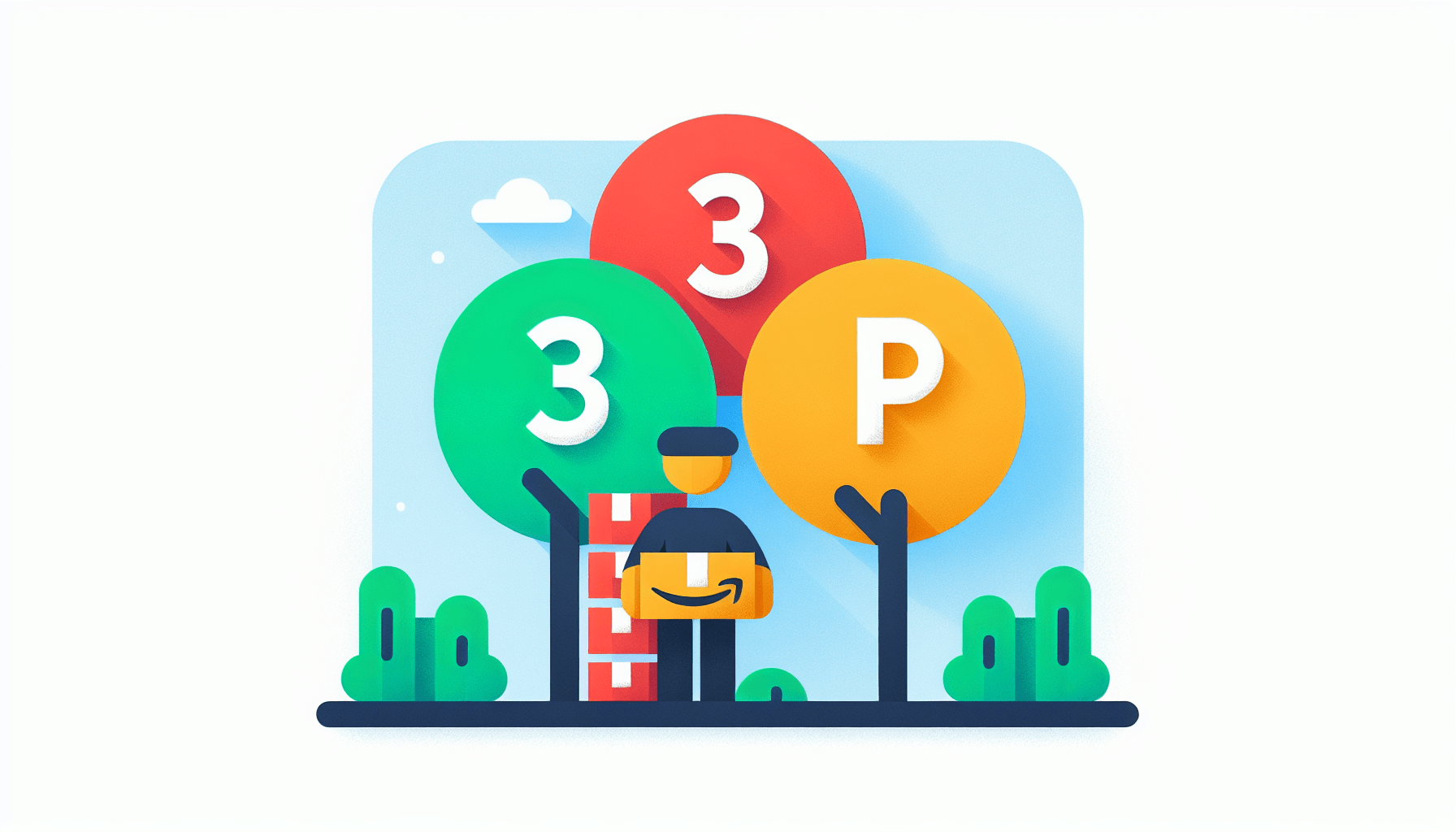 Amazon 3P strategy -> Third-party seller in flat illustration style and white background, red #f47574, green #88c7a8, yellow #fcc44b, and blue #645bc8 colors.